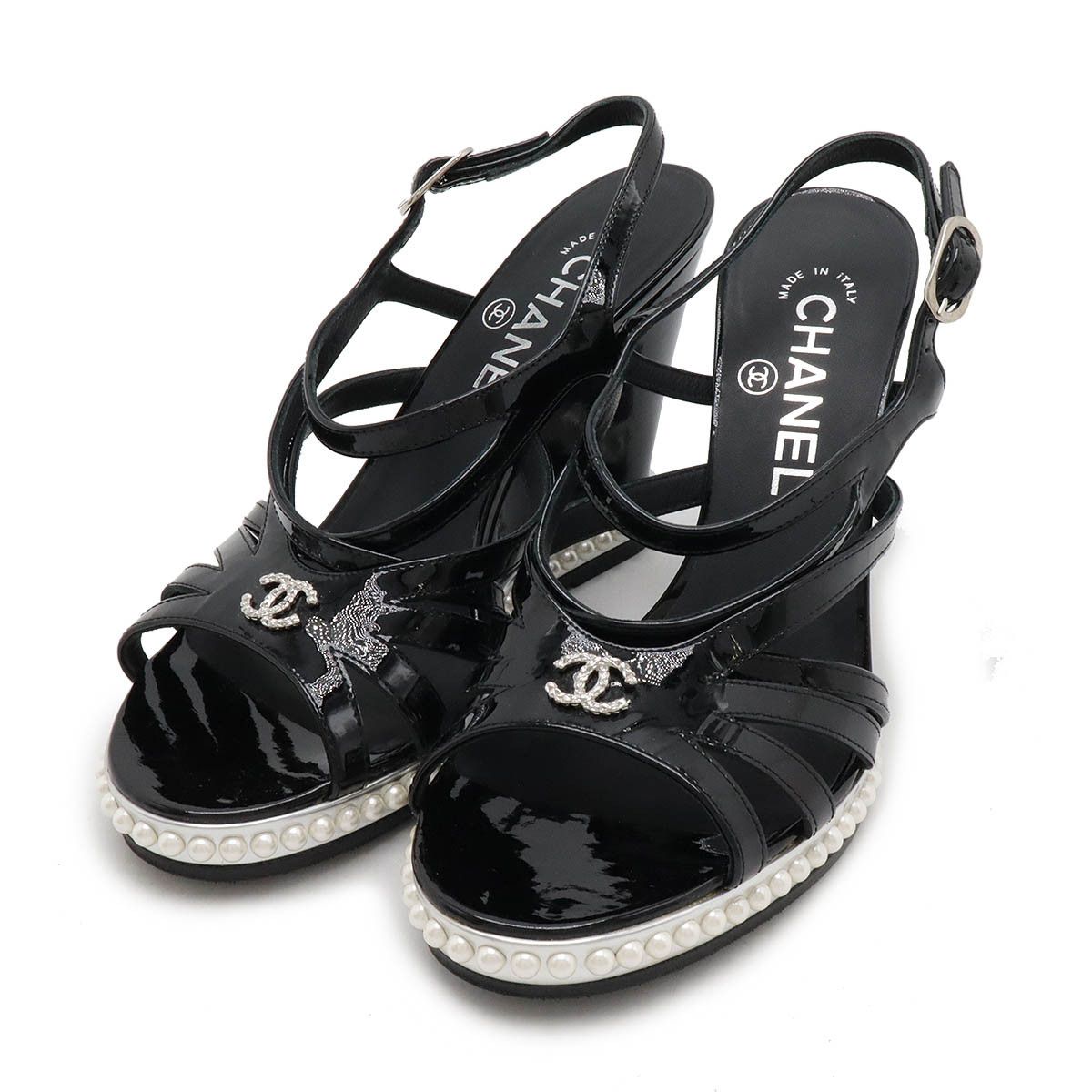 Chanel Chanel Chanel Coco Mark Patent Leather Pearl Wedge Sandals Leather Shoes Size ONE SIZE - 1 Thumbnail