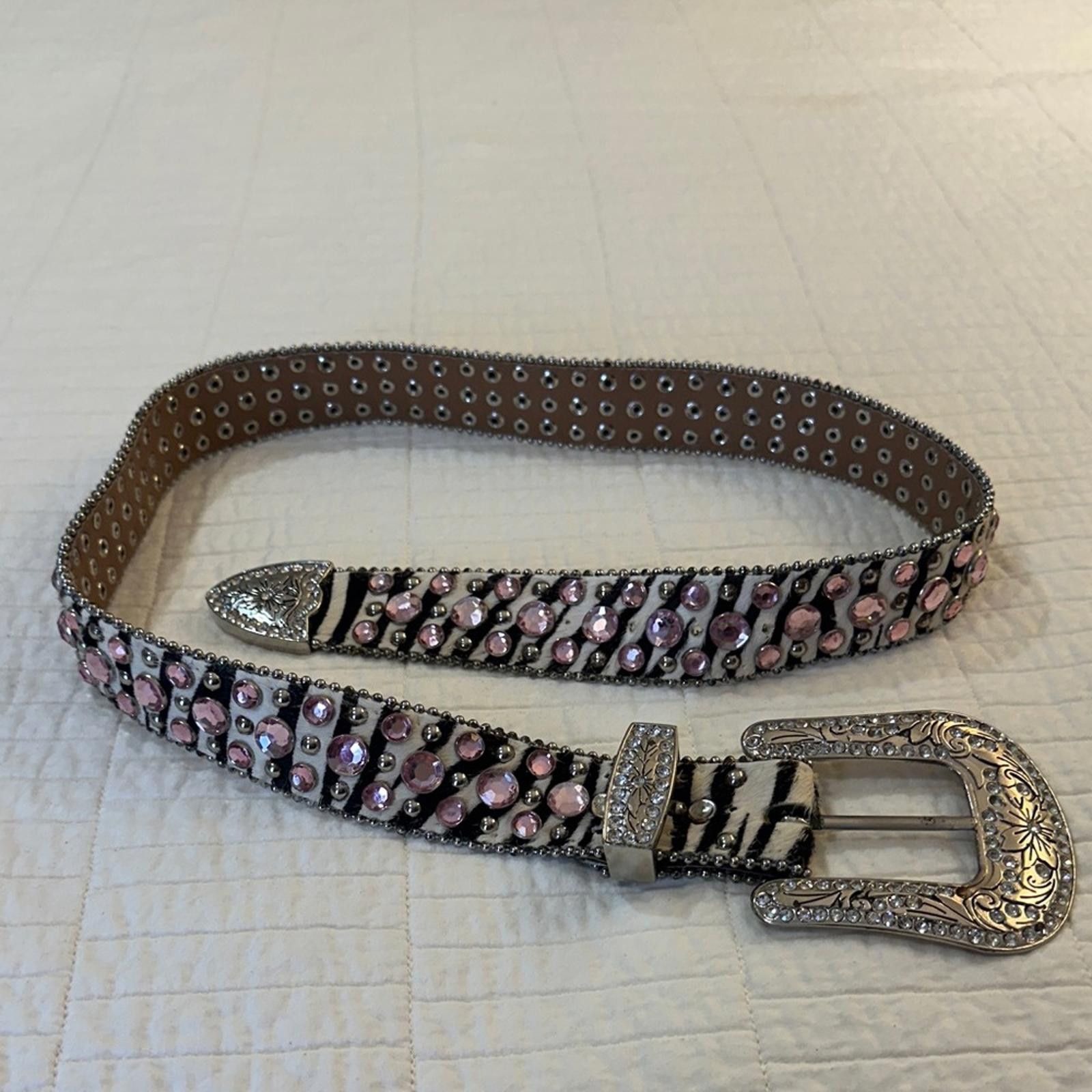 Other Western Studded Leather Belt Zebra Pink Rhinestone Rodeo Size ONE SIZE - 1 Thumbnail