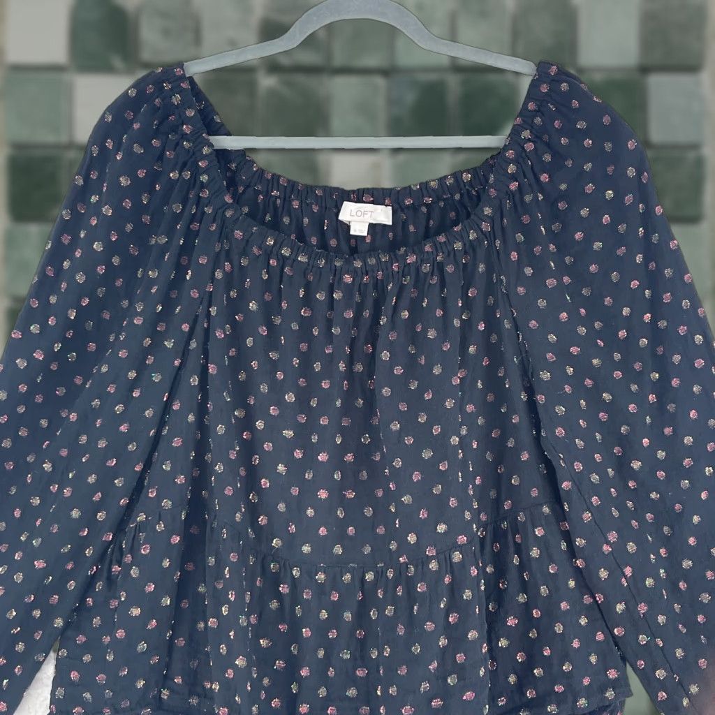 Loft LOFT Black Shimmer Dot Shirt Womens Square Neck Peplum Long Sleeve Medium Casual Size M / US 6-8 / IT 42-44 - 1 Thumbnail