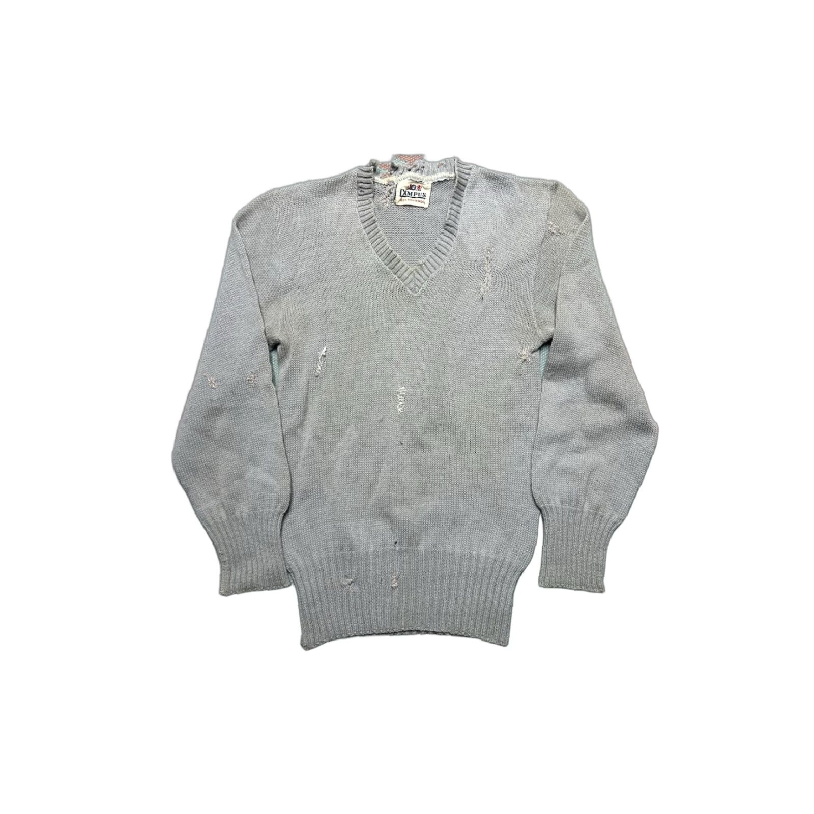 Vintage VINTAGE Campus Wool Knit Sweater Pullover Mens XS/S 40s 50s Distressed Repaired Gray Knit Shirt? Size US S / EU 44-46 / 1 - 1 Thumbnail