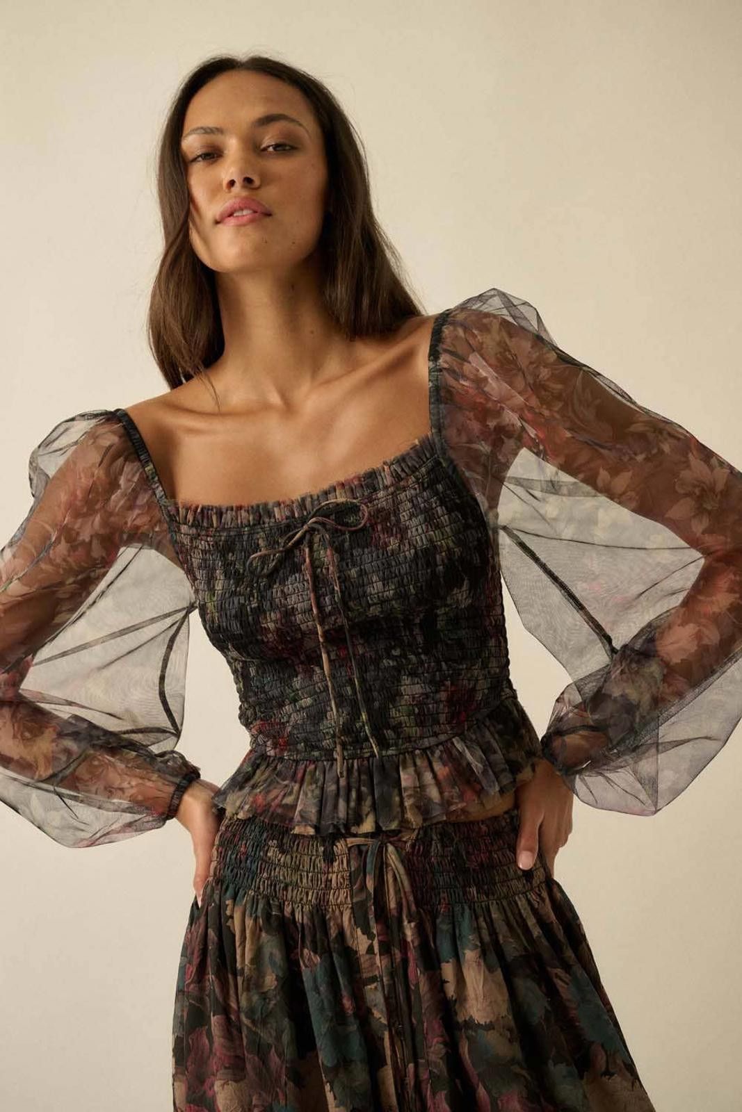 Other Layered Floral-Print Tulle Smocked Peasant Top by Promesa Size S / US 4 / IT 40 - 7 Thumbnail