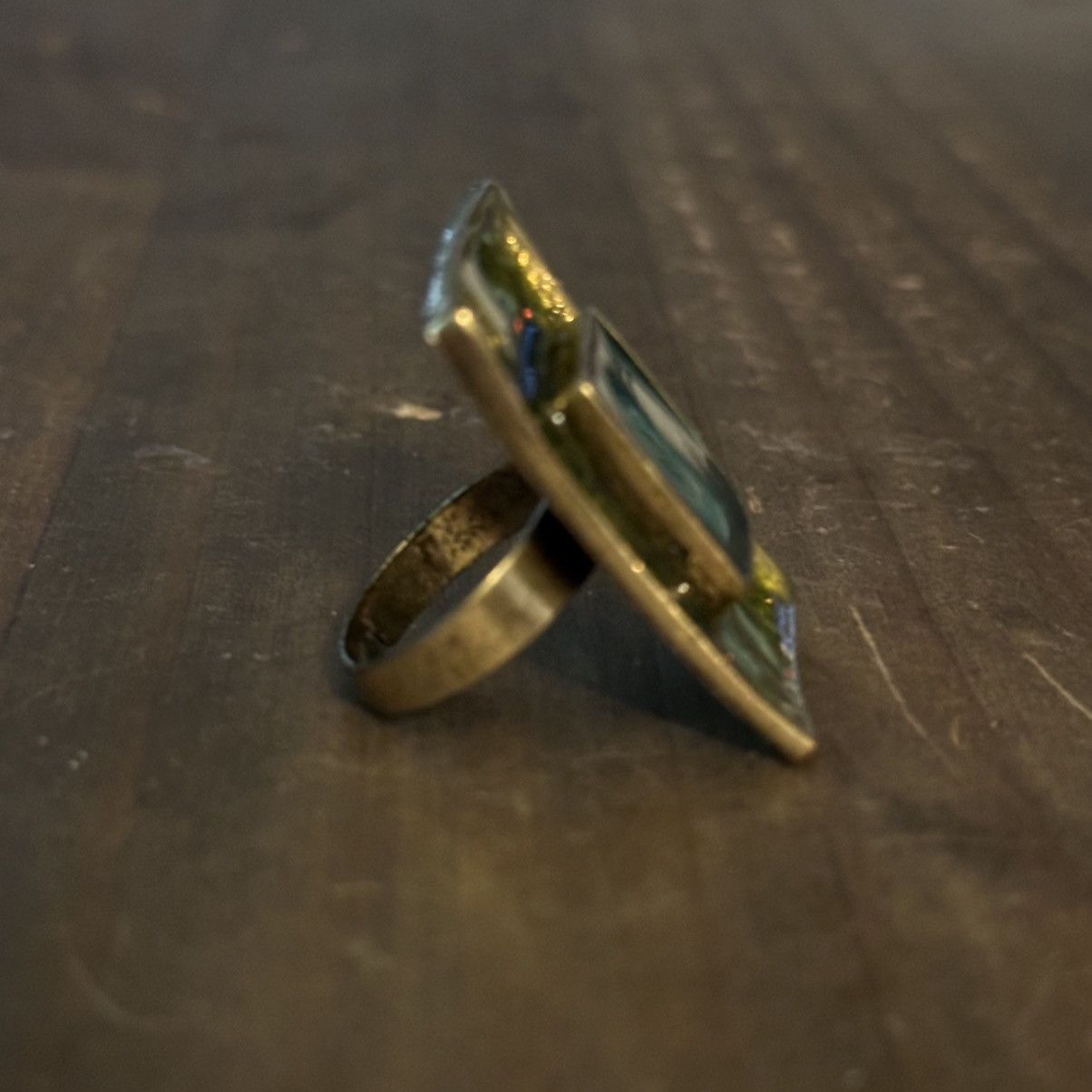 Vintage Vintage bronze tone rectangular green stone statement ring Size ONE SIZE - 6 Thumbnail