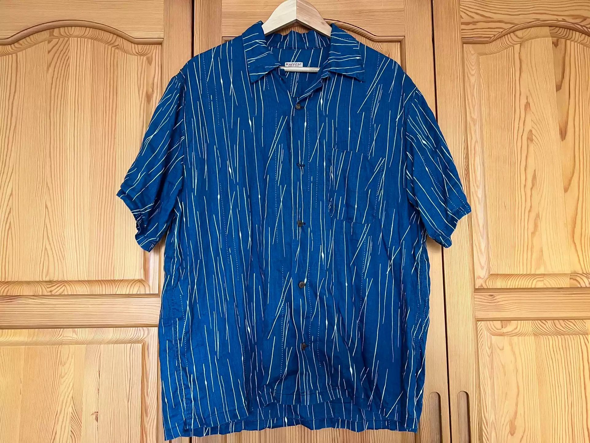 KAPITAL linen indigo dyed raindrop stripe discharge Hawaiian short sleeve shirt