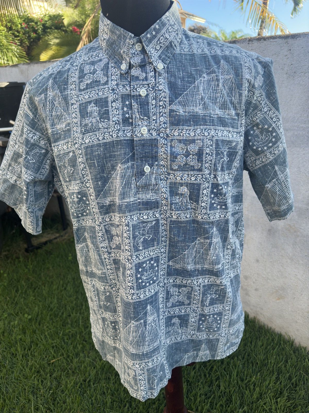 Reyn Spooner Hawaiian Print Blue 3/4 Button Men's Large
