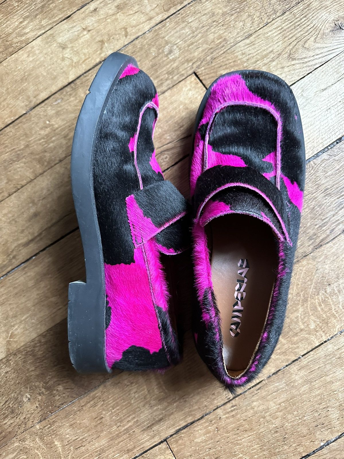 CamperLab Pink cow printed loafers | Grailed