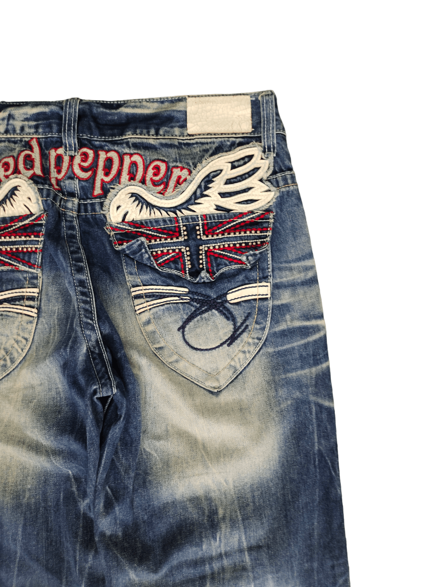 Vintage Red Pepper Wing & UK Flag Embroidered Denim Ed Hardy Y2k Size US 34 / EU 50 - 6 Thumbnail