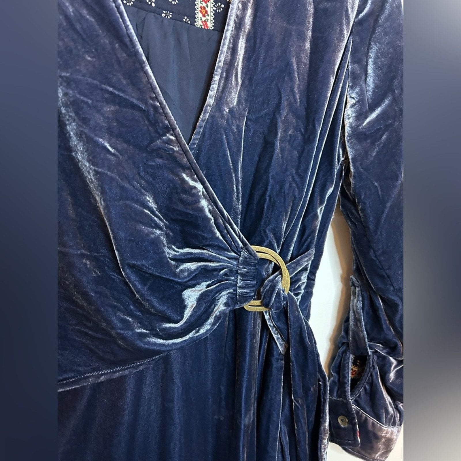 Anthropologie Maeve Blue Velvet Belted Wrap Shirt Dress Size XL / US 12-14 / IT 48-50 - 6 Thumbnail