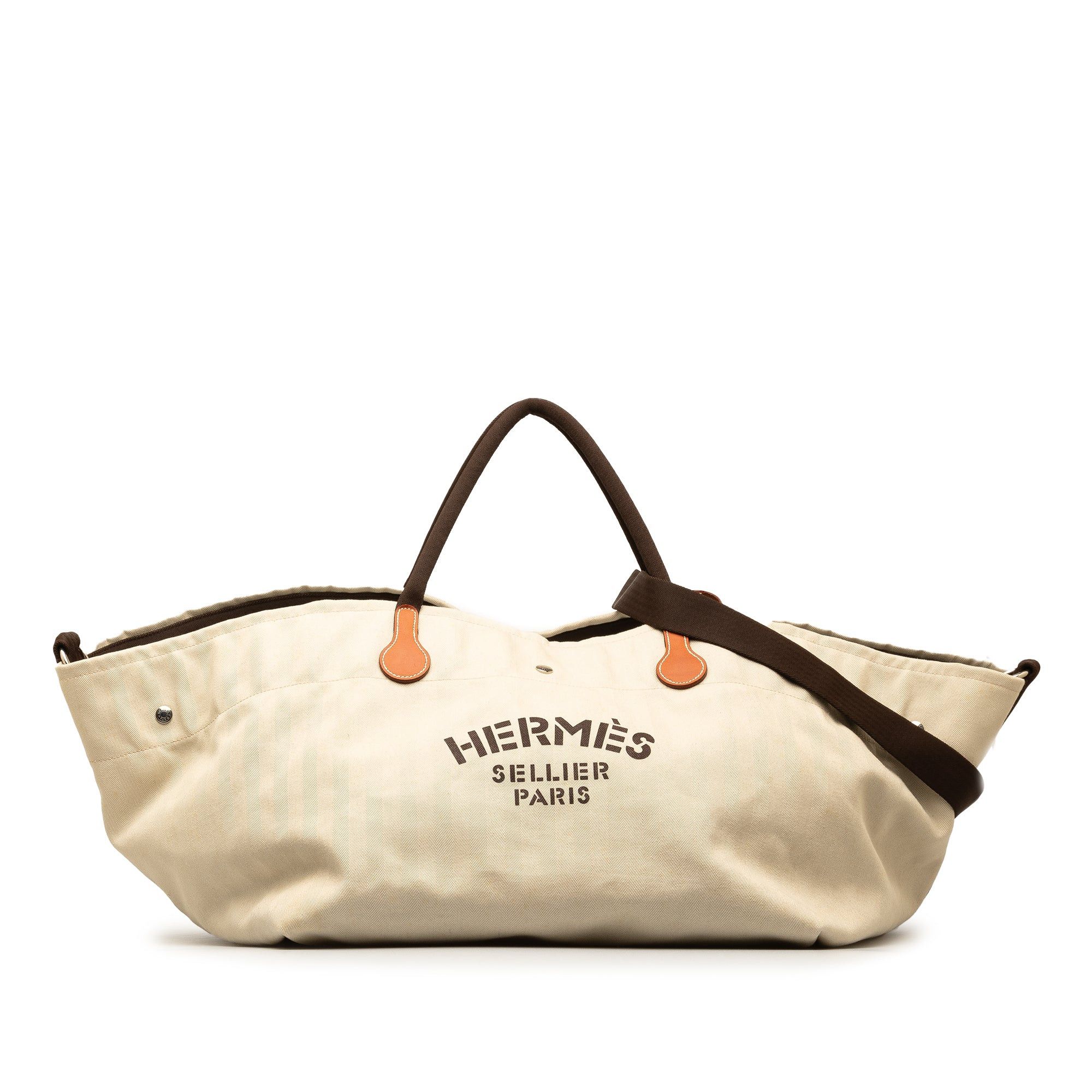 image of Hermes Toile Fourre Tout Du Cavalier Carryall Tote Satchel in Brown, Women's
