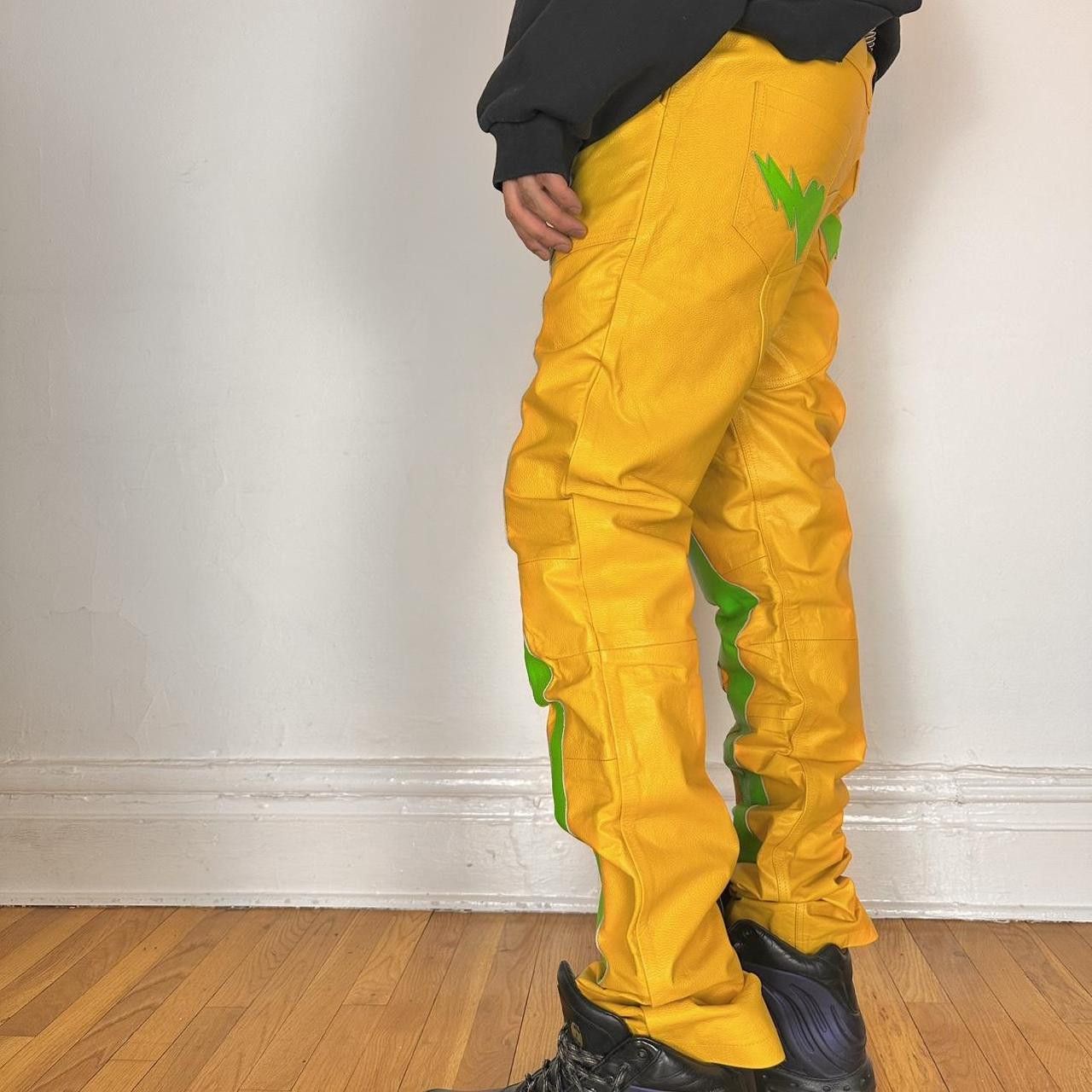 Vintage Seeking Green/Yellow Skeleton Leather Biker Pants - 36x36" Size US 36 / EU 52 - 5 Thumbnail