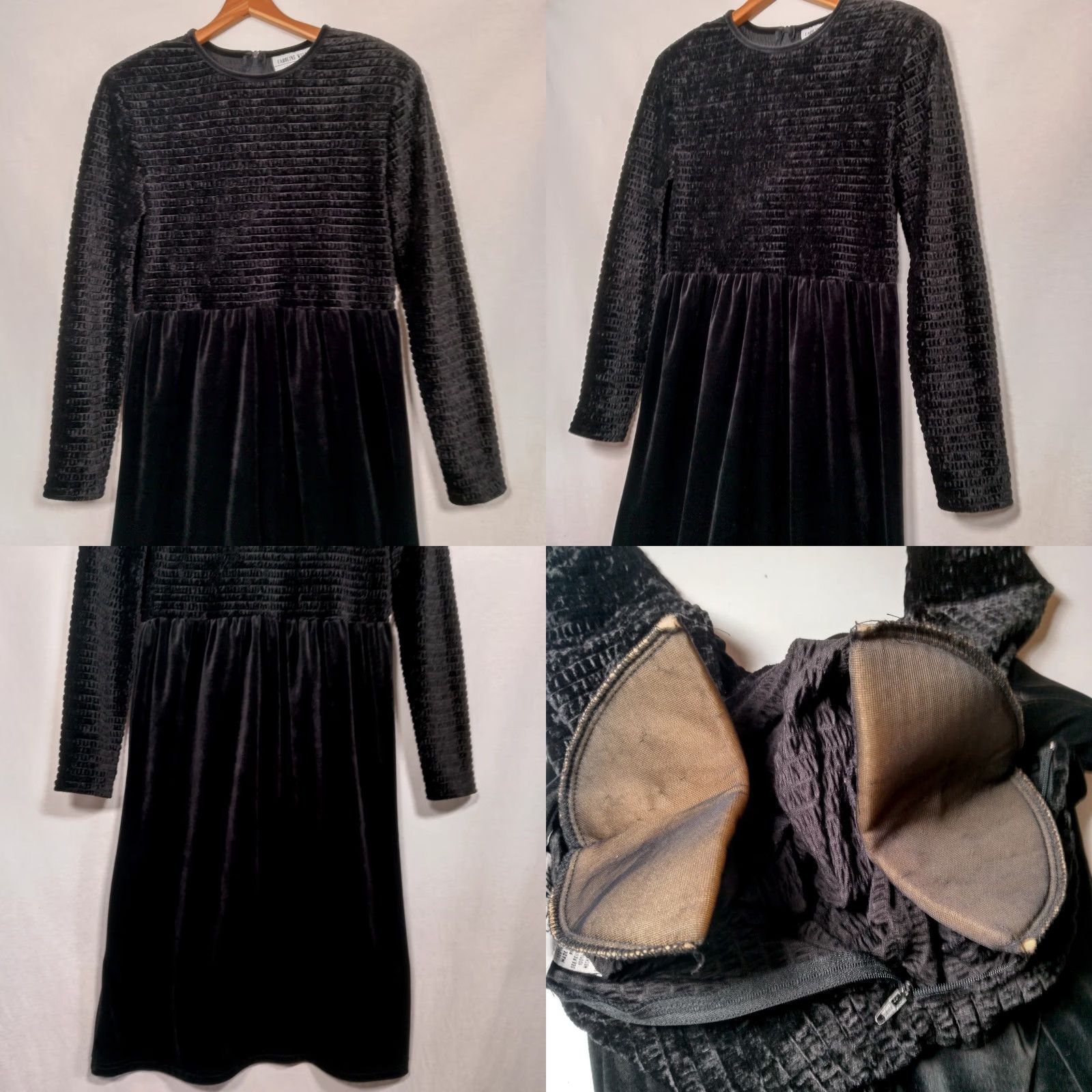Velour Vintage Caroline Wells Dress Size 8 Black Velour Smocked Top Long Sleeves Midi Size M / US 6-8 / IT 42-44 - 8 Thumbnail