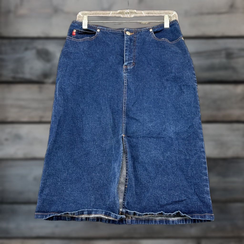Denime VINTAGE Mudd Jeans Skirt Womens 9 Blue Denim A Line Dark Wash Cotton Logo 90s Size 30" / US 8 / IT 44 - 1 Thumbnail