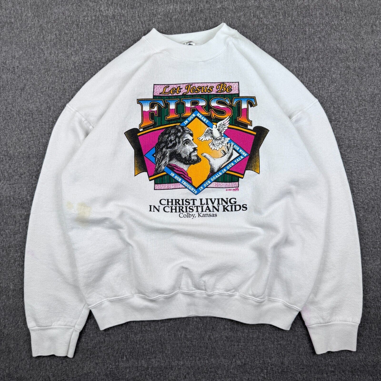 Fruit Of The Loom Vintage Let Jesus Be First Sweatshirt Men's XL White God 90s Size US XL / EU 56 / 4 - 1 Thumbnail