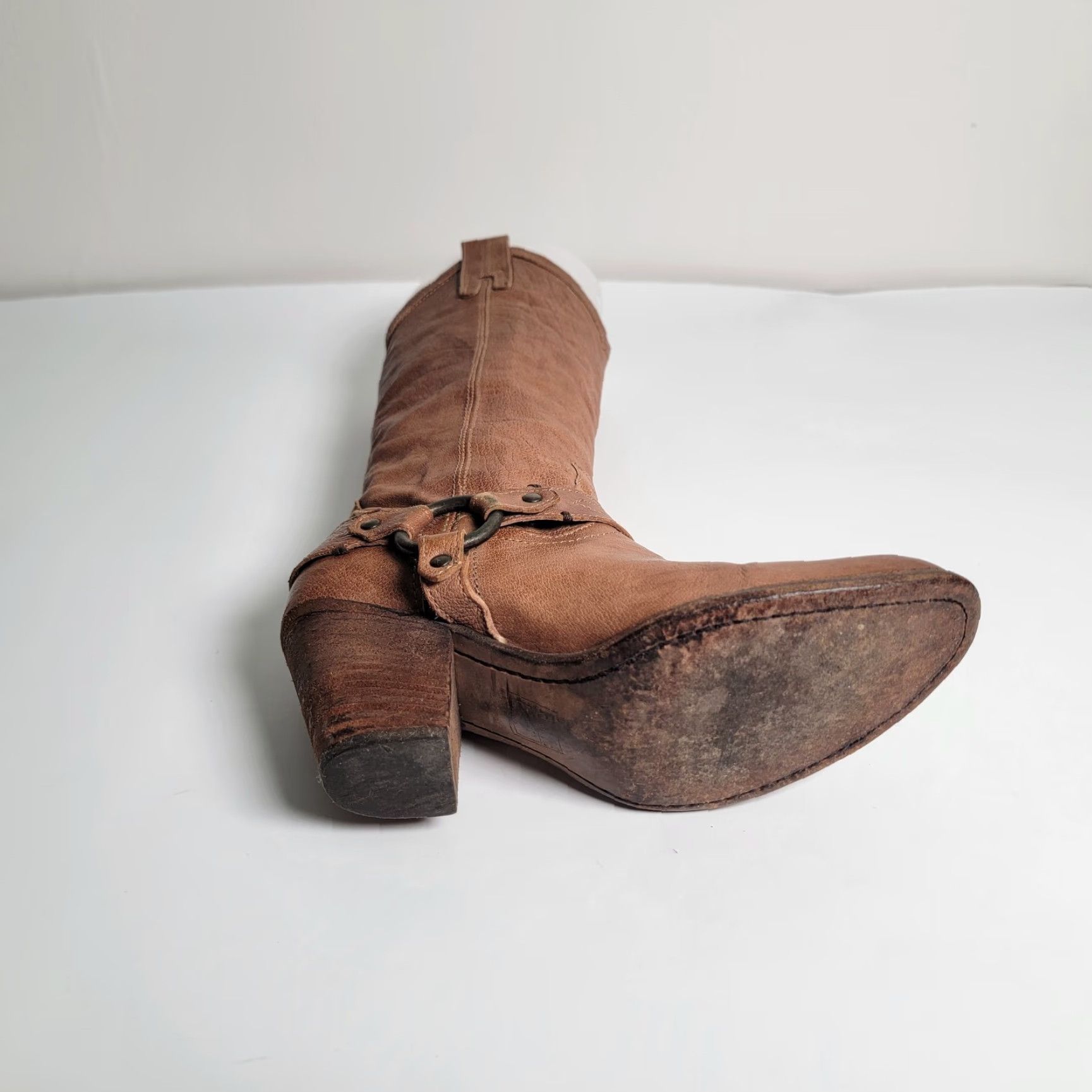 Frye VINTAGE Frye Taylor Harness Boots Brown Leather Western Ladies 6 Almond Toe Slip On Cowboy Mid Heel Leather Outsole Womens Size US 6 / IT 36 - 6 Thumbnail