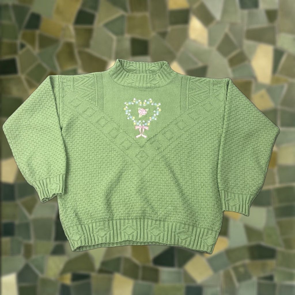 Vintage LT by Liz Thomas Sweater Womens Medium Green Floral Heart Embroidery Pullover Acrylic Size M / US 6-8 / IT 42-44 - 1 Thumbnail
