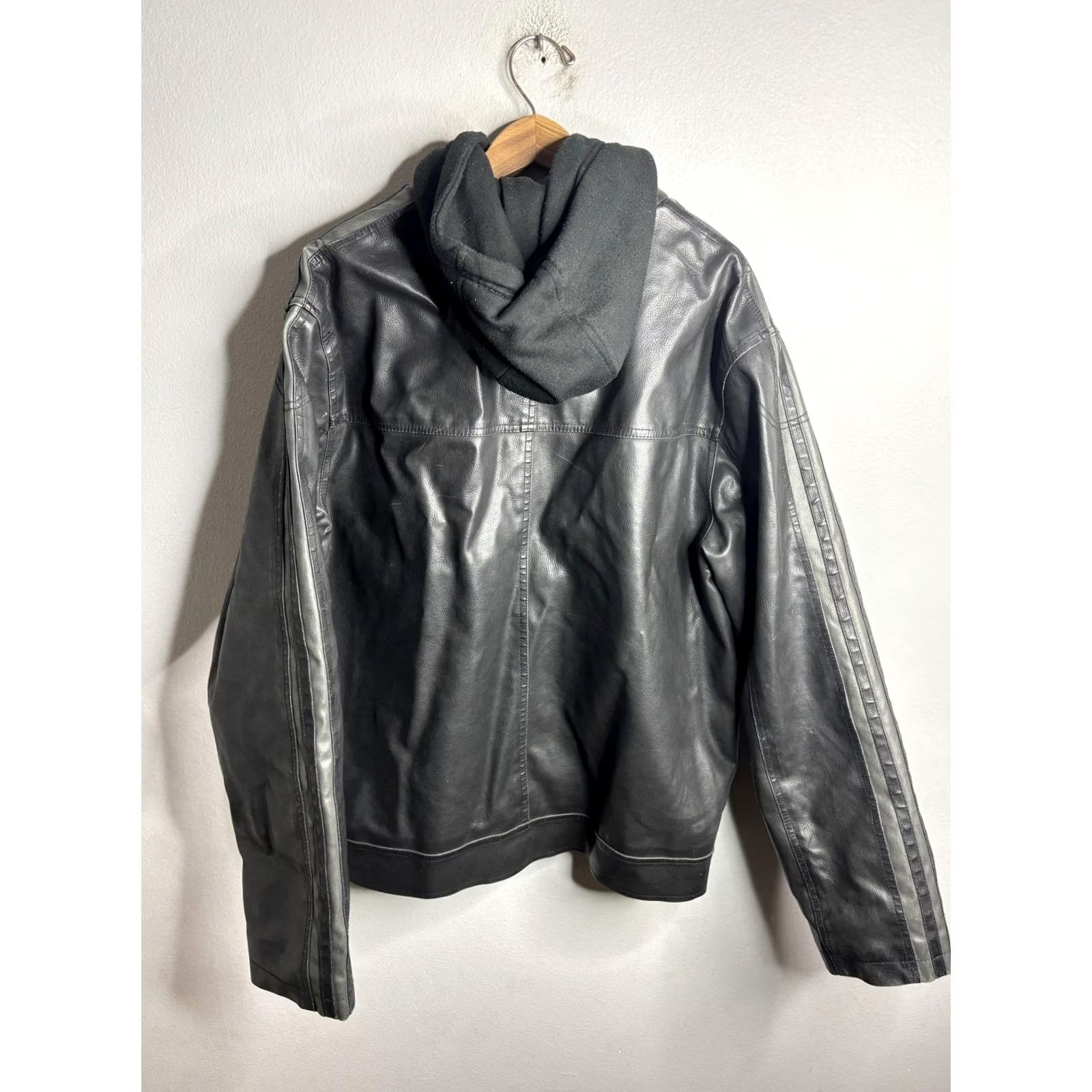Vintage Arizona Jean Company Jacket Mens XL Black Faux Leather Hooded Moto Stripes Size US 36 / EU 52 - 5 Thumbnail