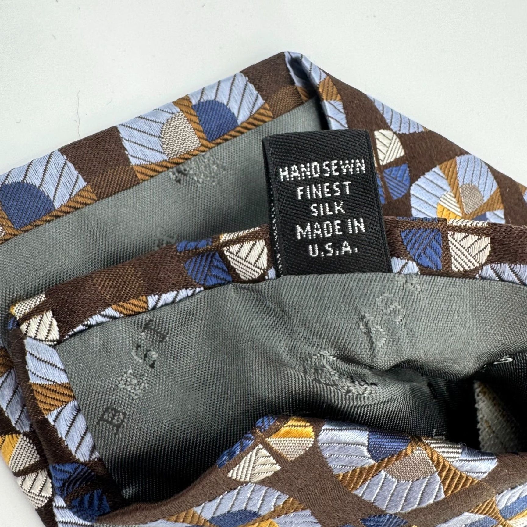 Robert Talbott VINTAGE Robert Talbott Best Of Class Handsewn Silk Tie Brown Blue Geometric Pattern USA Size ONE SIZE - 3 Thumbnail