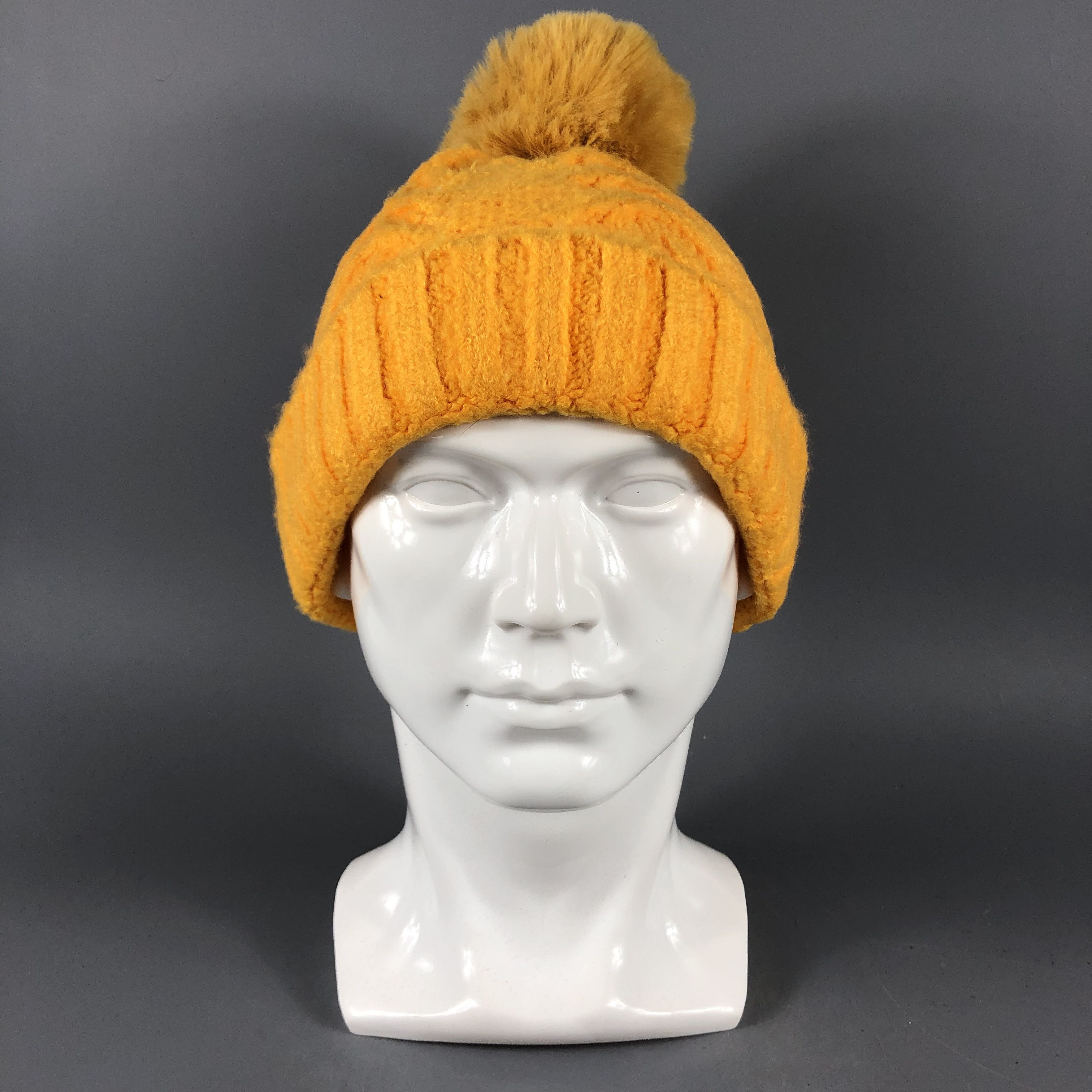 image of Vintage Unknown Yellow Bobble Ribbed Knit Beanie Snow Hat -D820, Men's