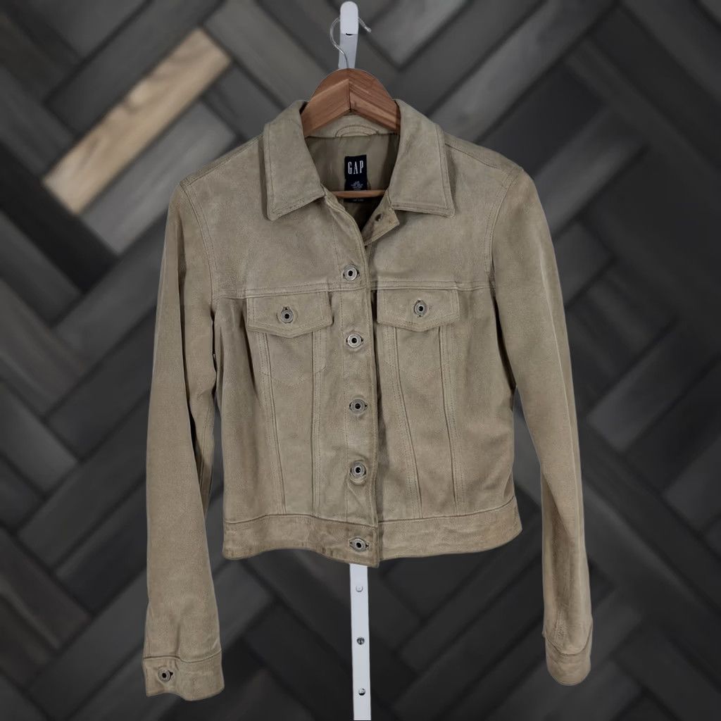 Gap VINTAGE Gap Trucker Jacket Suede Leather Brown Beige Y2K Spring 2000 Women XS Regular Long Sleeve Buttoned Front Size XS / US 0-2 / IT 36-38 - 1 Thumbnail