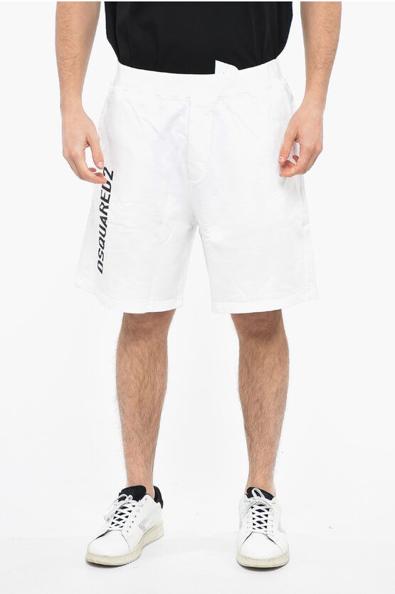 image of Dsquared2 Printed Logo Jersey Sweatshorts in White, Men's (Size 33)