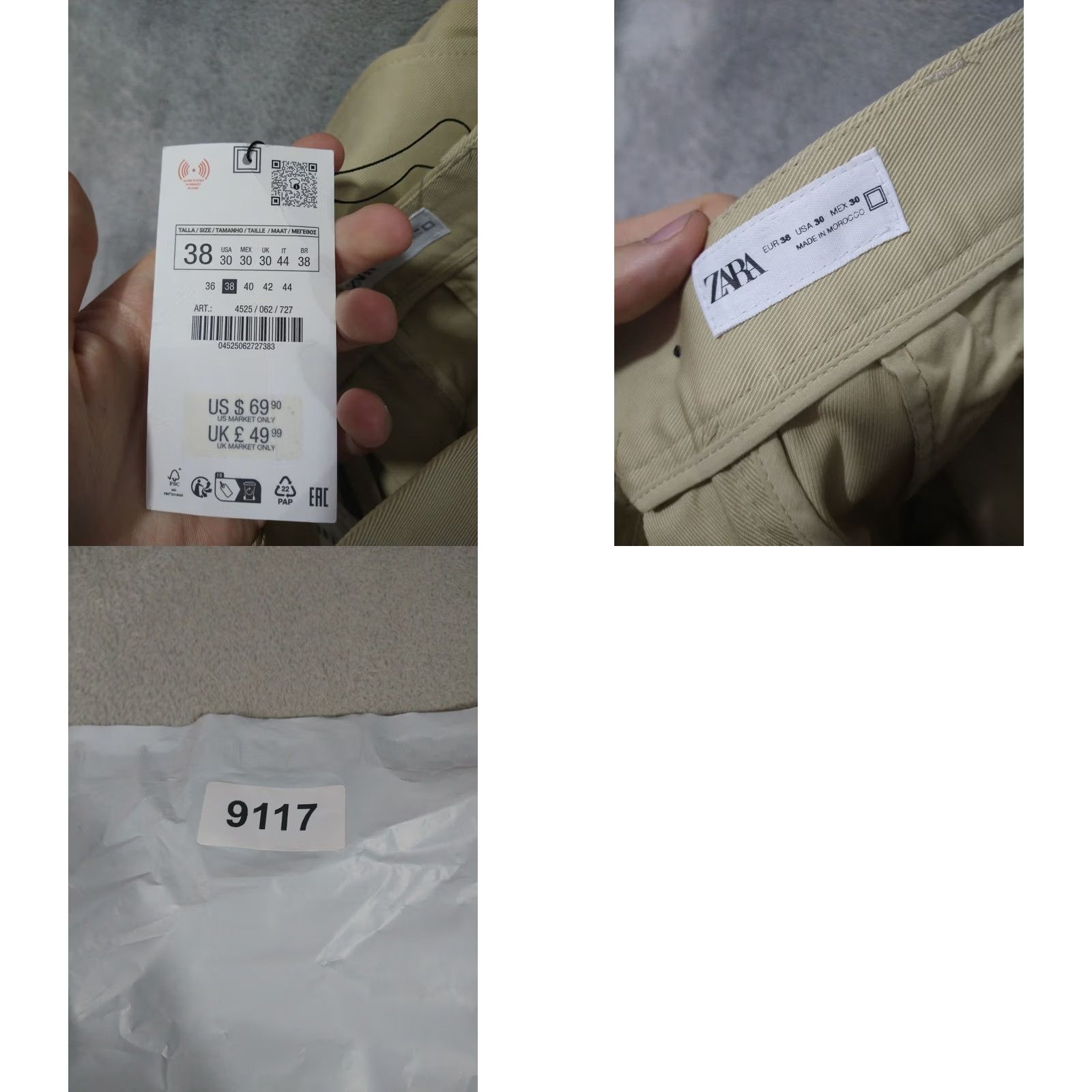 Zara Zara Mens Beige Chino Pants 30 x 31 Straight Fit Flat Front Cotton Casual Size US 30 / EU 46 - 8 Thumbnail