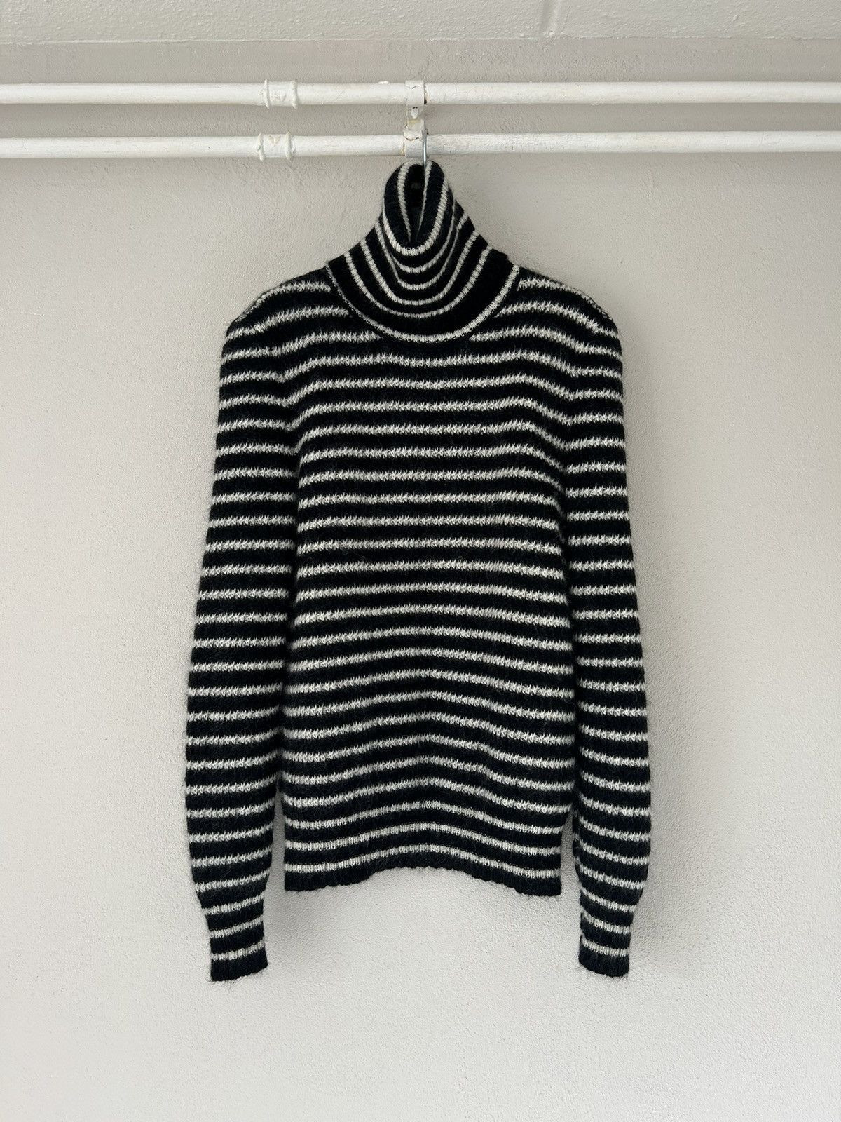 image of Saint Laurent Paris Striped Mohair Turtleneck Sweater in Black/White, Men's (Size Medium)
