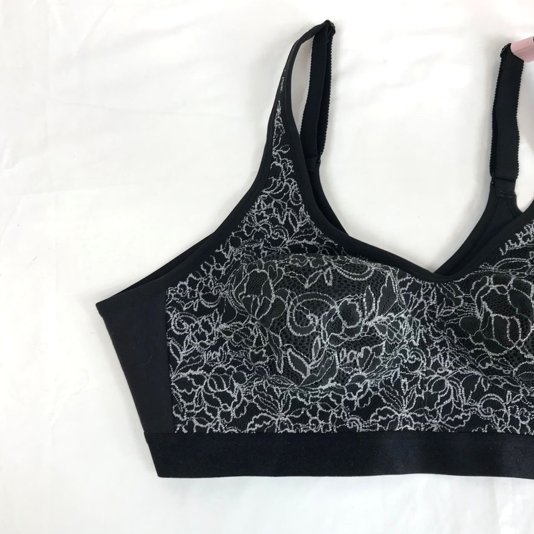 Vintage Cacique Black Silver Floral Lace Unlined Full Coverage No-Wire Bra 44C Womens Plus Size Coverage Full Lace Wireless Hook & Eye Adjustable Straps XS Size ONE SIZE - 2 Thumbnail