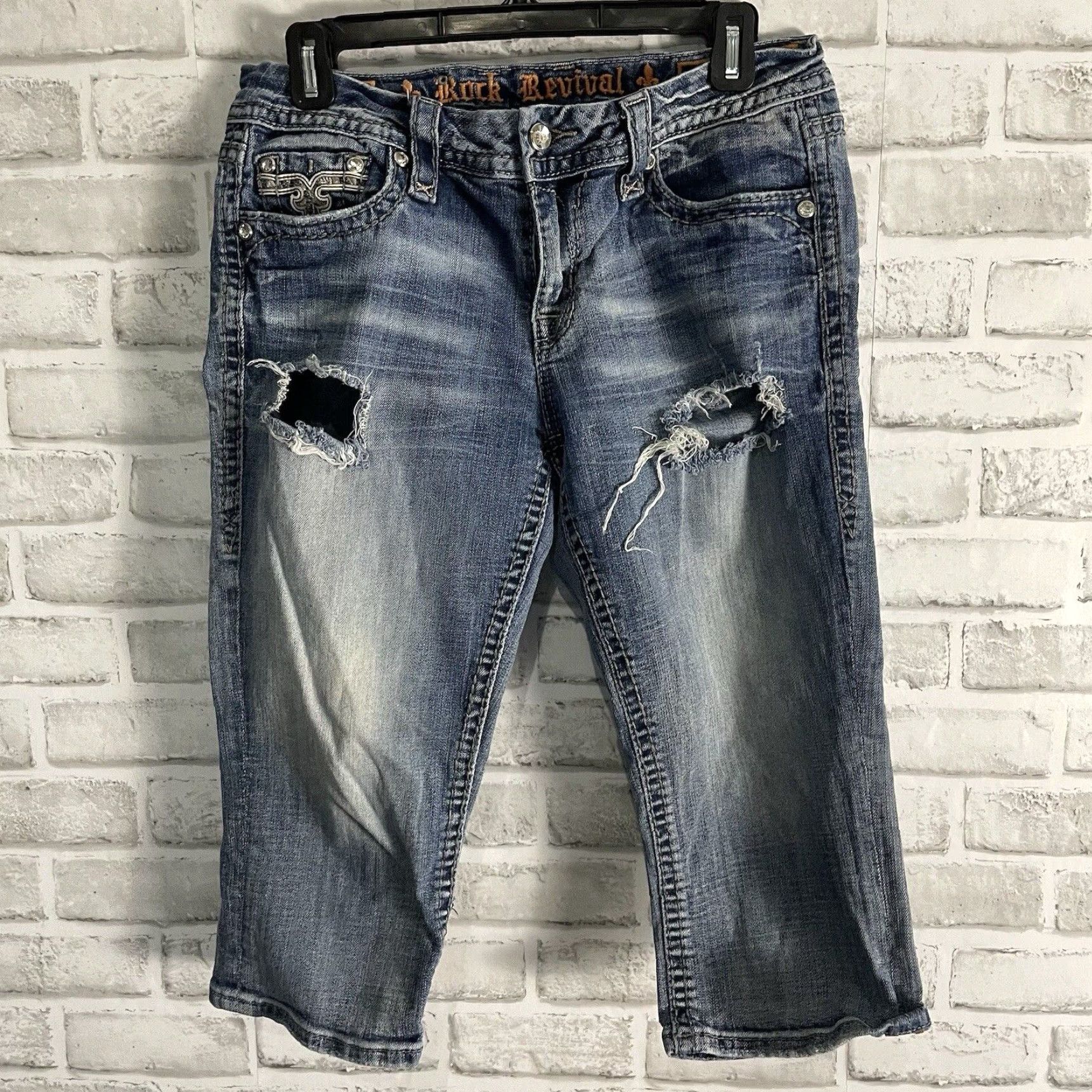 Vintage Rock Revival Women's Distressed Capri Jeans Blue Size 29 Size 29" - 2 Thumbnail