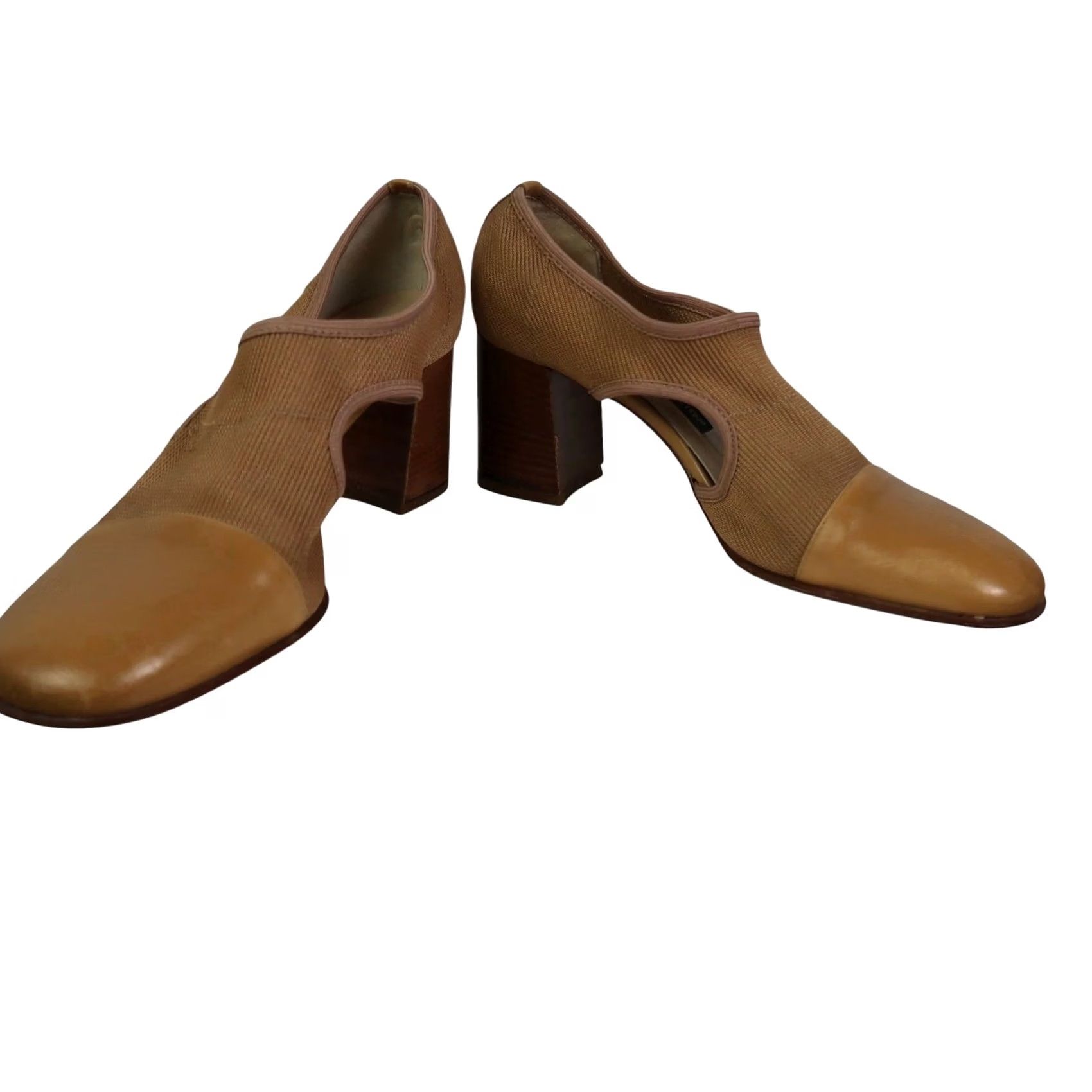 Vintage VINTAGE Larry Stuart Tan Leather and Fabric Cut-Out Heels 7.5 Pump Womens Square Toe 90s Size US 8 / IT 38 - 3 Thumbnail