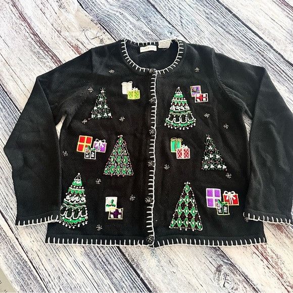Other Vintage White Stag Beaded Black Festive Cardigan Sweater Size L / US 10 / IT 46 - 4 Thumbnail
