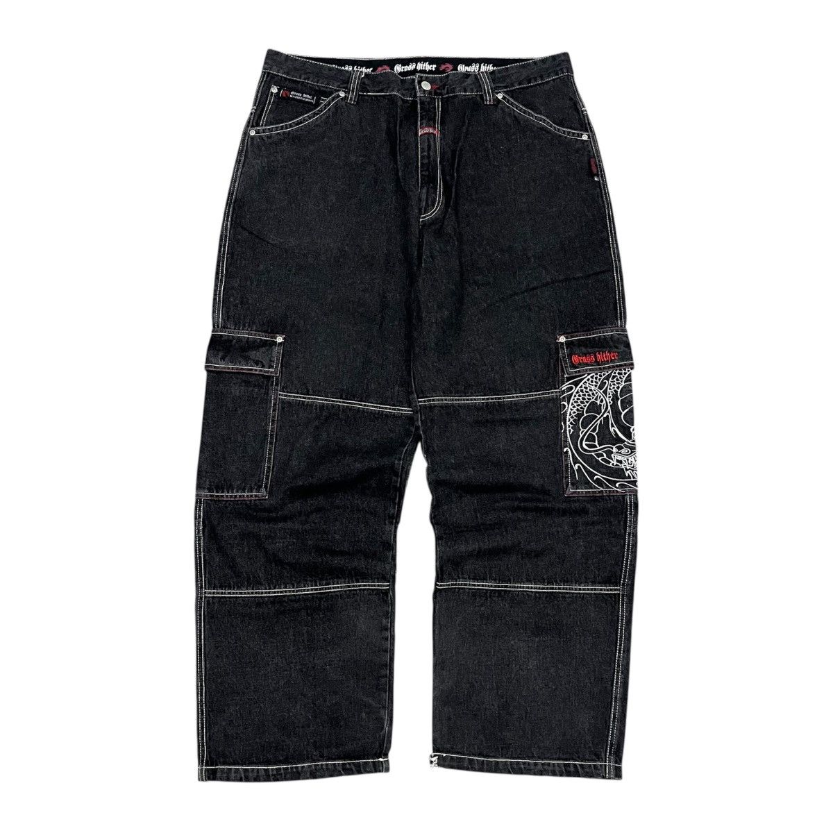 If Six Was Nine 🐲 Grass Hither Embroidery Baggy Cargo Black Denim Pant Size US 40 / EU 56 - 2 Thumbnail