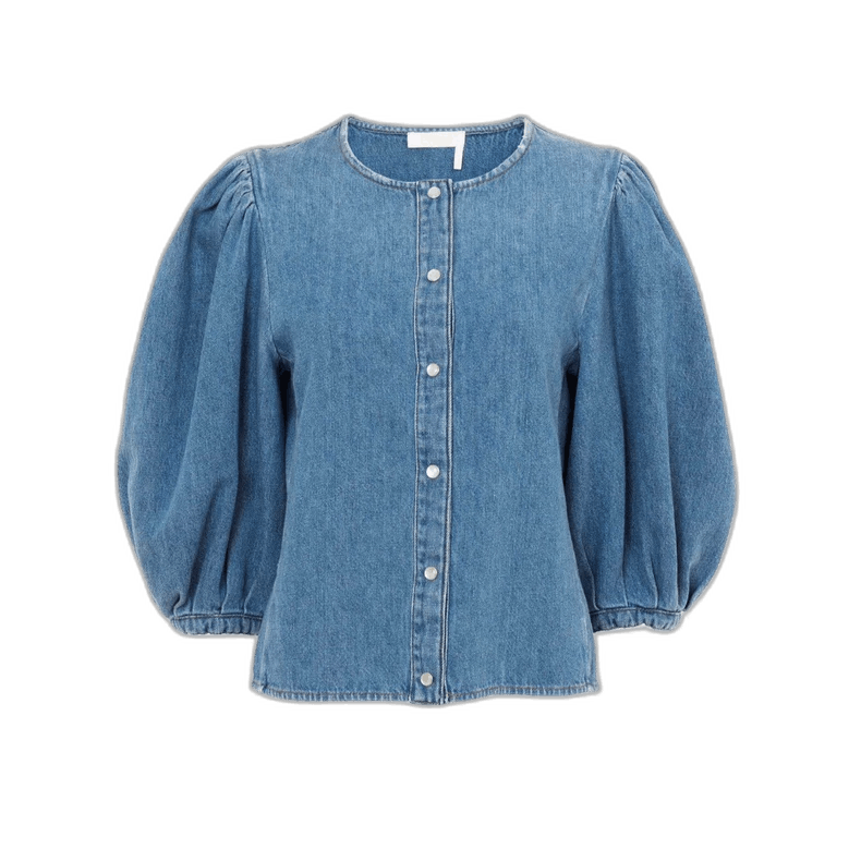 Chloe Blue Denim Puff Sleeve Top Size S / US 4 / IT 40 - 1 Thumbnail