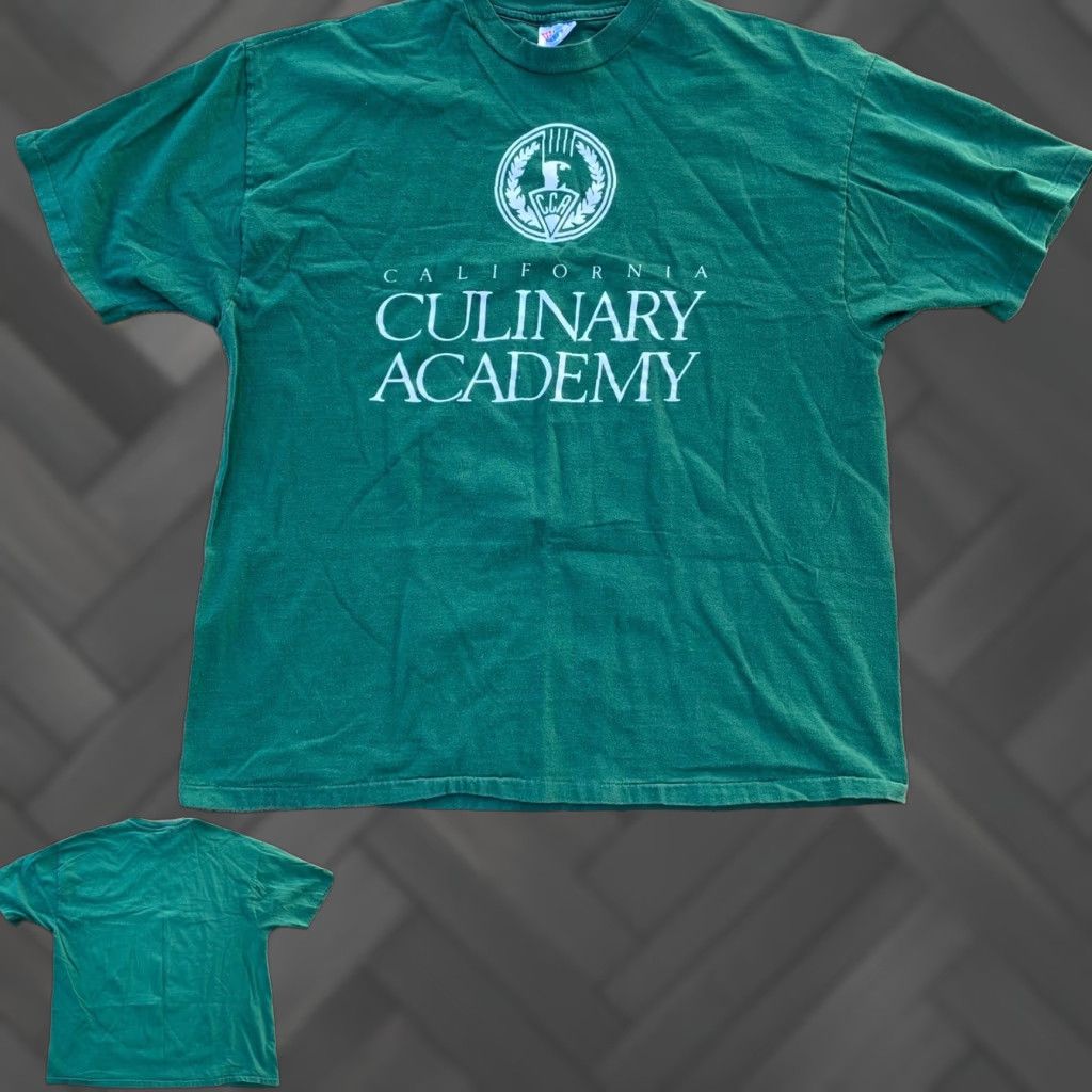 Hanes vintage Hanes California Culinary Academy t-shirt graphic tee 1990s single stitch XXL Green Cotton crew neck short sleeve Men Size US XXL / EU 58 / 5 - 1 Thumbnail