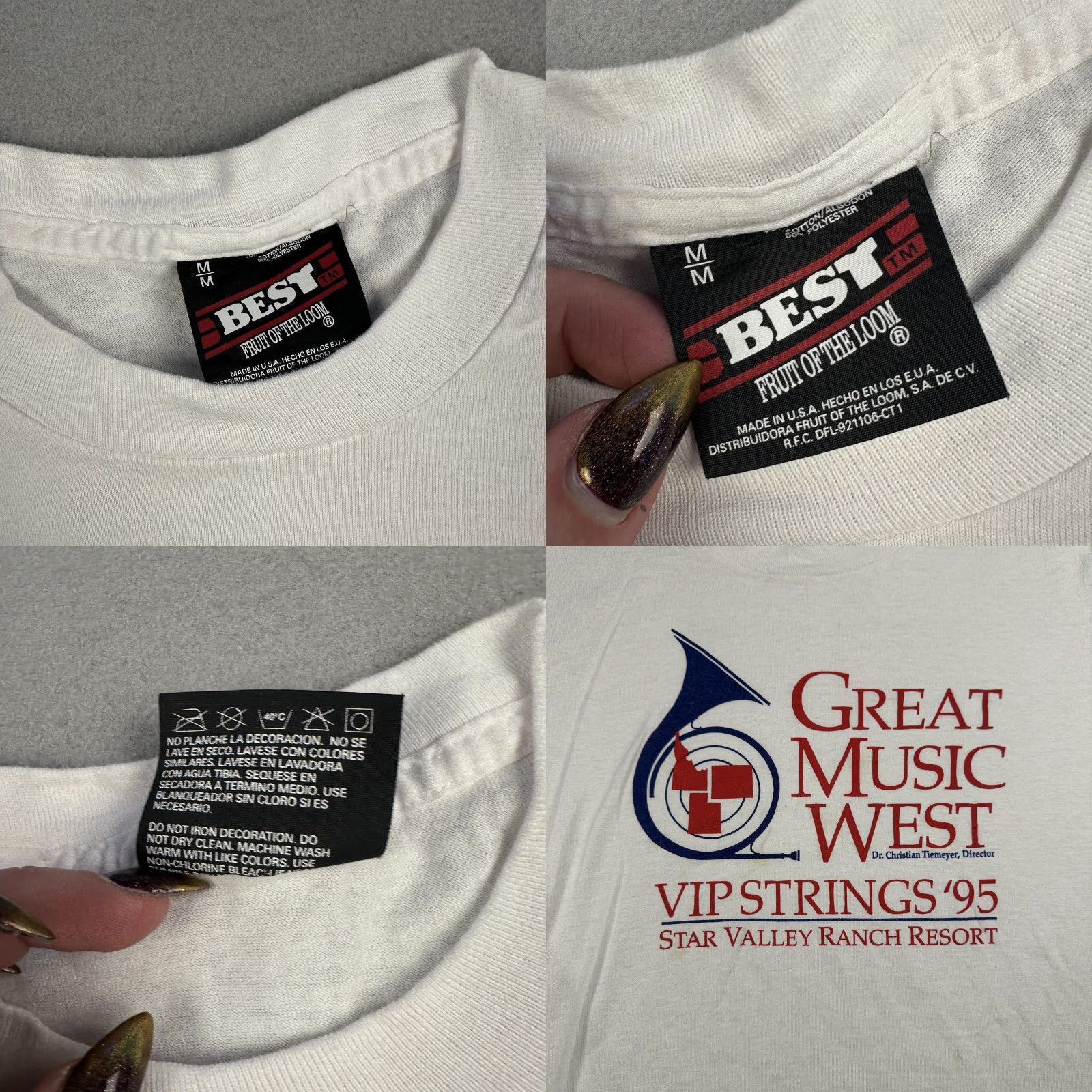 Fruit Of The Loom VINTAGE Fruit of the Loom Great Music West VIP Strings '95 Star Valley Mens Medium White T-Shirt Crew Neck Graphic Print 90s Music Men Size US M / EU 48-50 / 2 - 8 Thumbnail