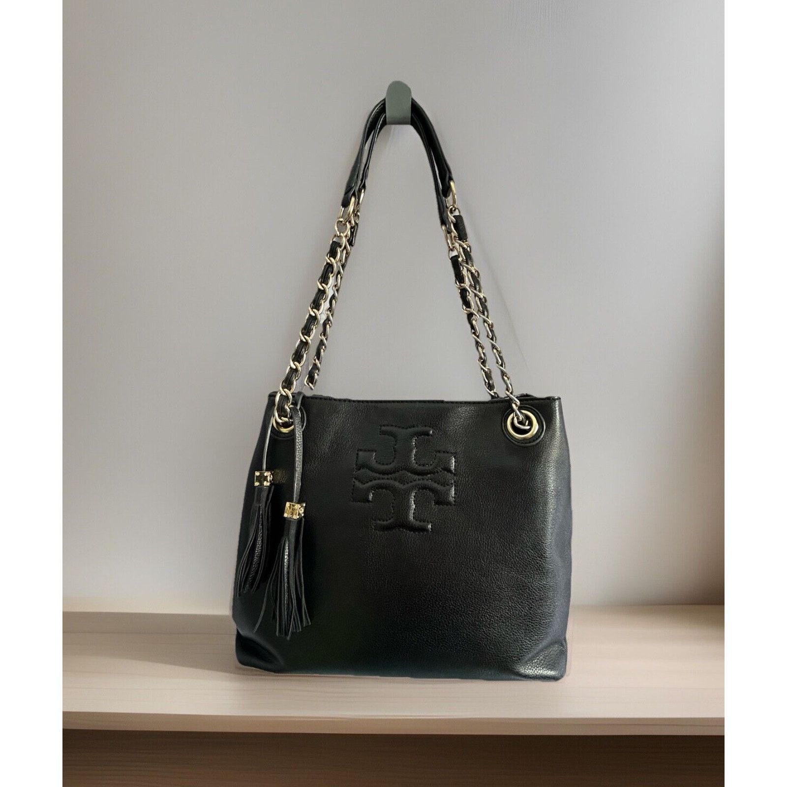 Tory Burch Thea Black Leather Slouchy Bridle Gold Chain Tote