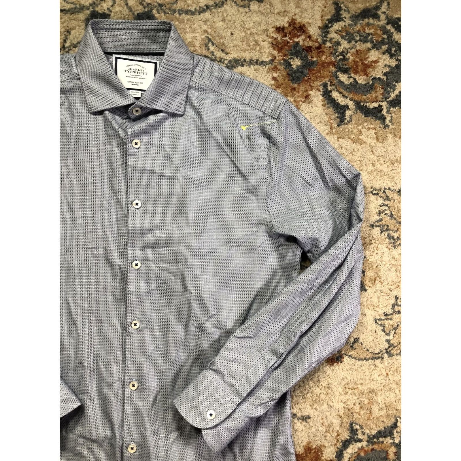 Charles Tyrwhitt Charles Tyrwhitt Dress Shirt Mens 15.5 32/33 Blue Geometric Extra Slim Non-Iron Shirt Men Size 42R - 4 Thumbnail
