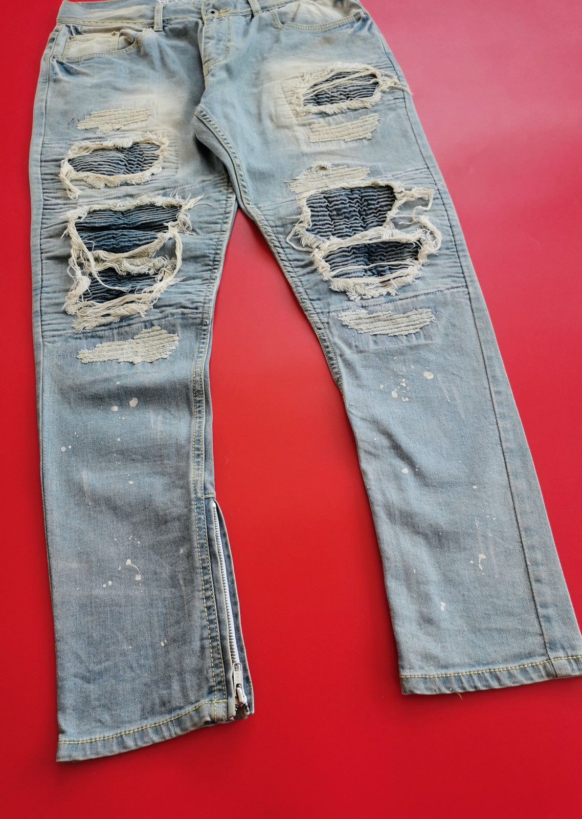 Seditionaries Black Flame Patchwork Distressed Zipper Biker Jeans Size US 32 / EU 48 - 5 Thumbnail