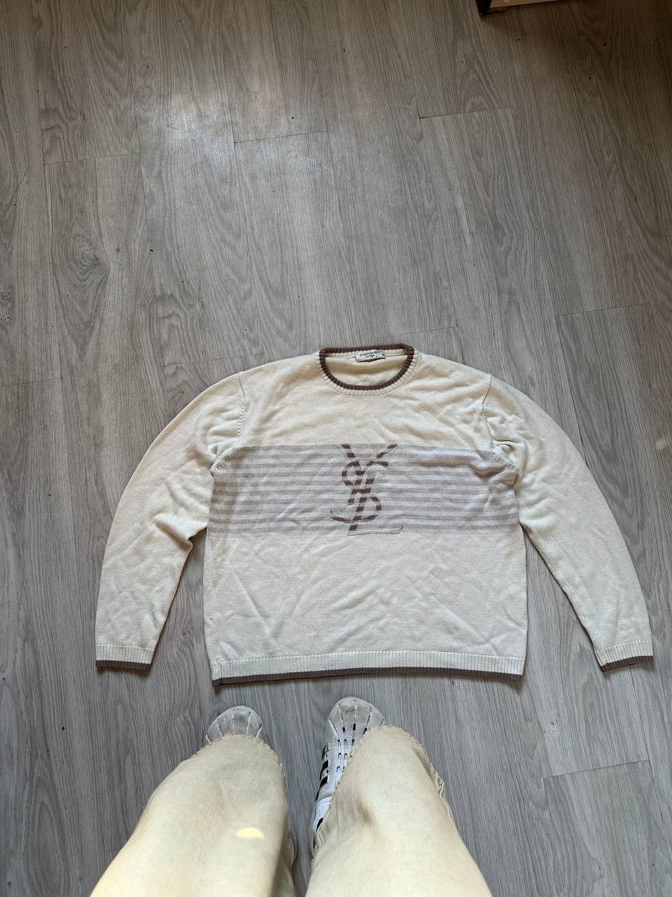 image of Saint Laurent Paris x Vintage YSL Saint Laurent Big Logo Knitted Sweater in Beige, Men's (Size 2XL)