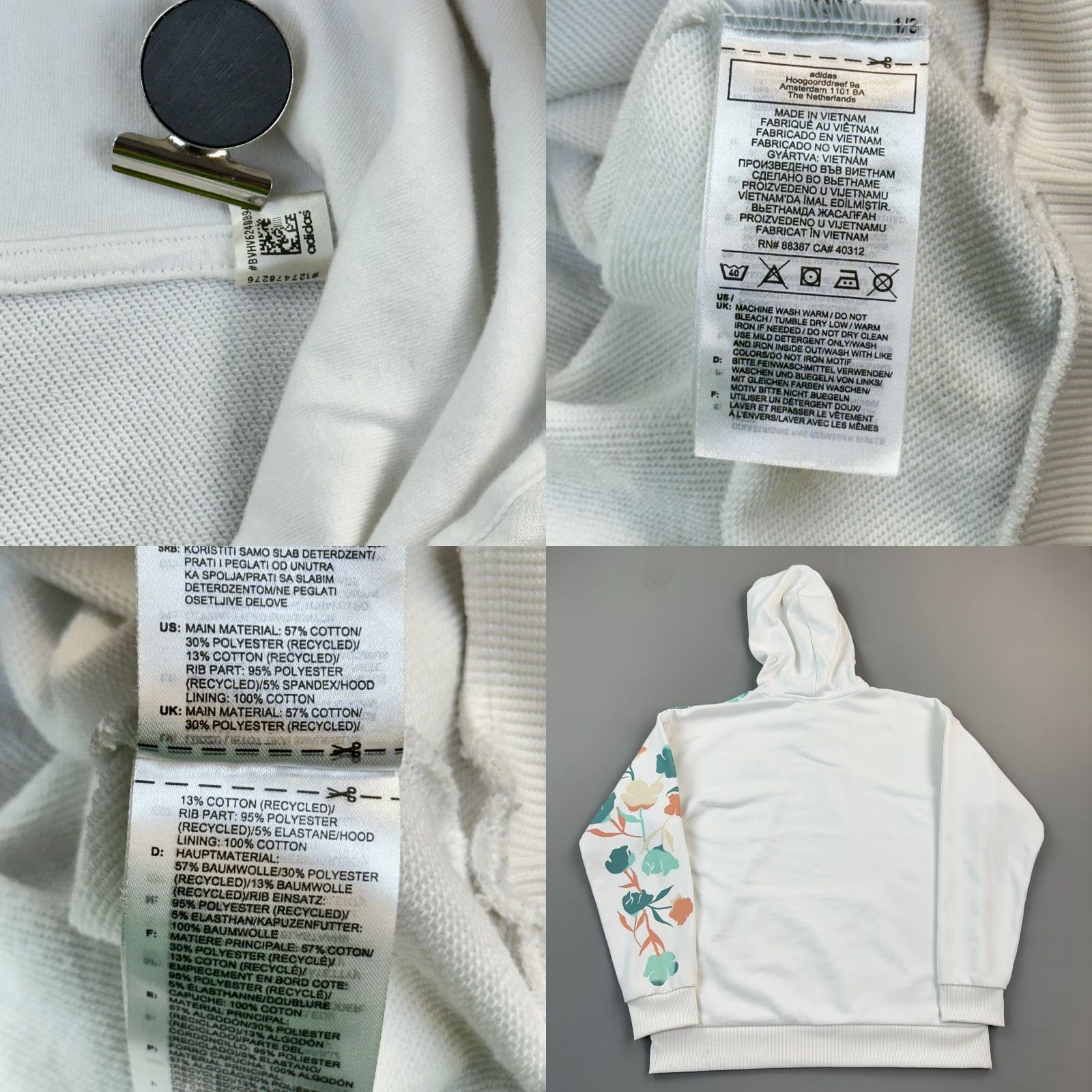Adidas VINTAGE adidas Hoodie Women’s Medium White Primegreen Floral Print Pullover Size M / US 6-8 / IT 42-44 - 8 Thumbnail
