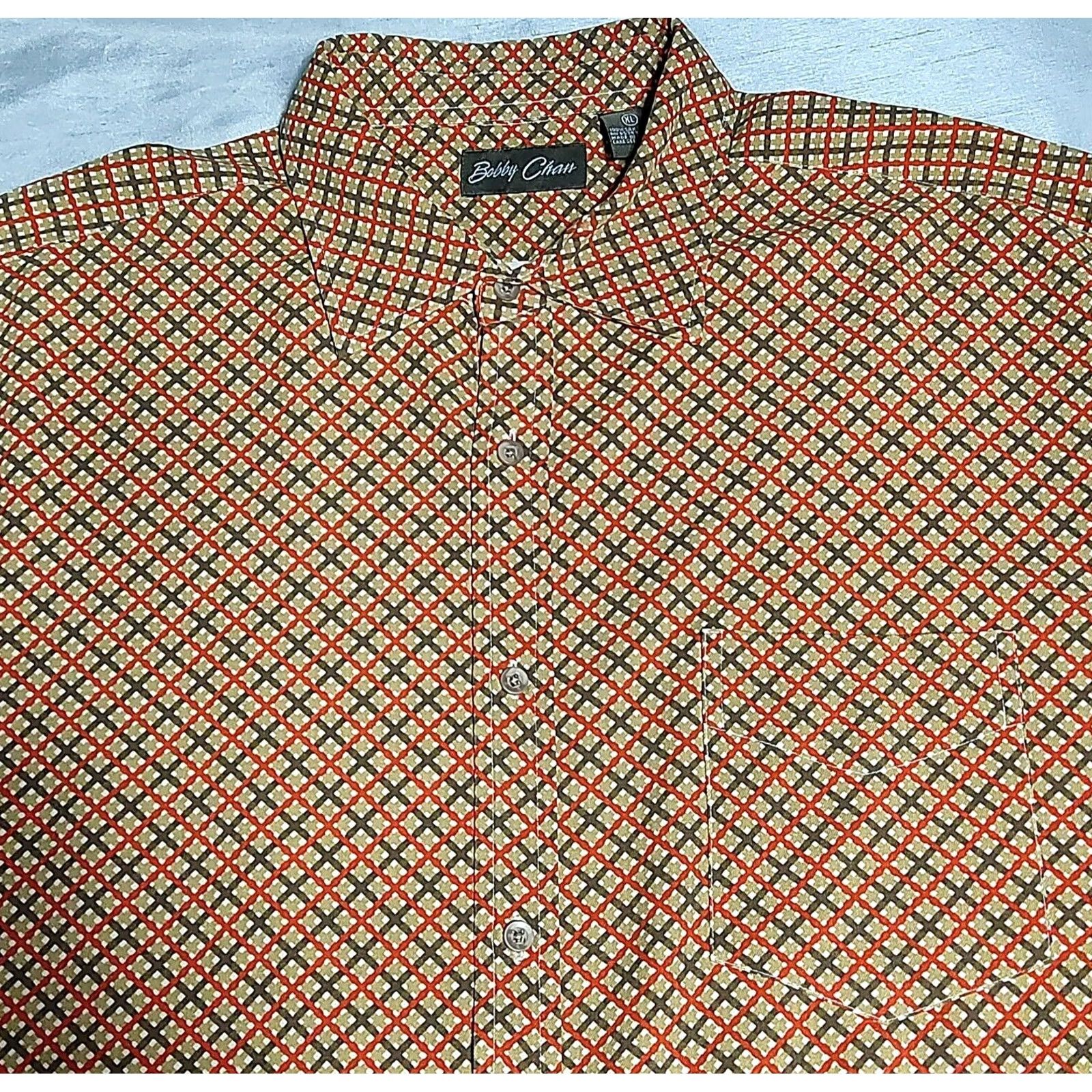 Vintage Bobby Chan Silk Button-Up Shirt XL Orange Brown Diagonal Check Men EUC Size US XL / EU 56 / 4 - 4 Thumbnail