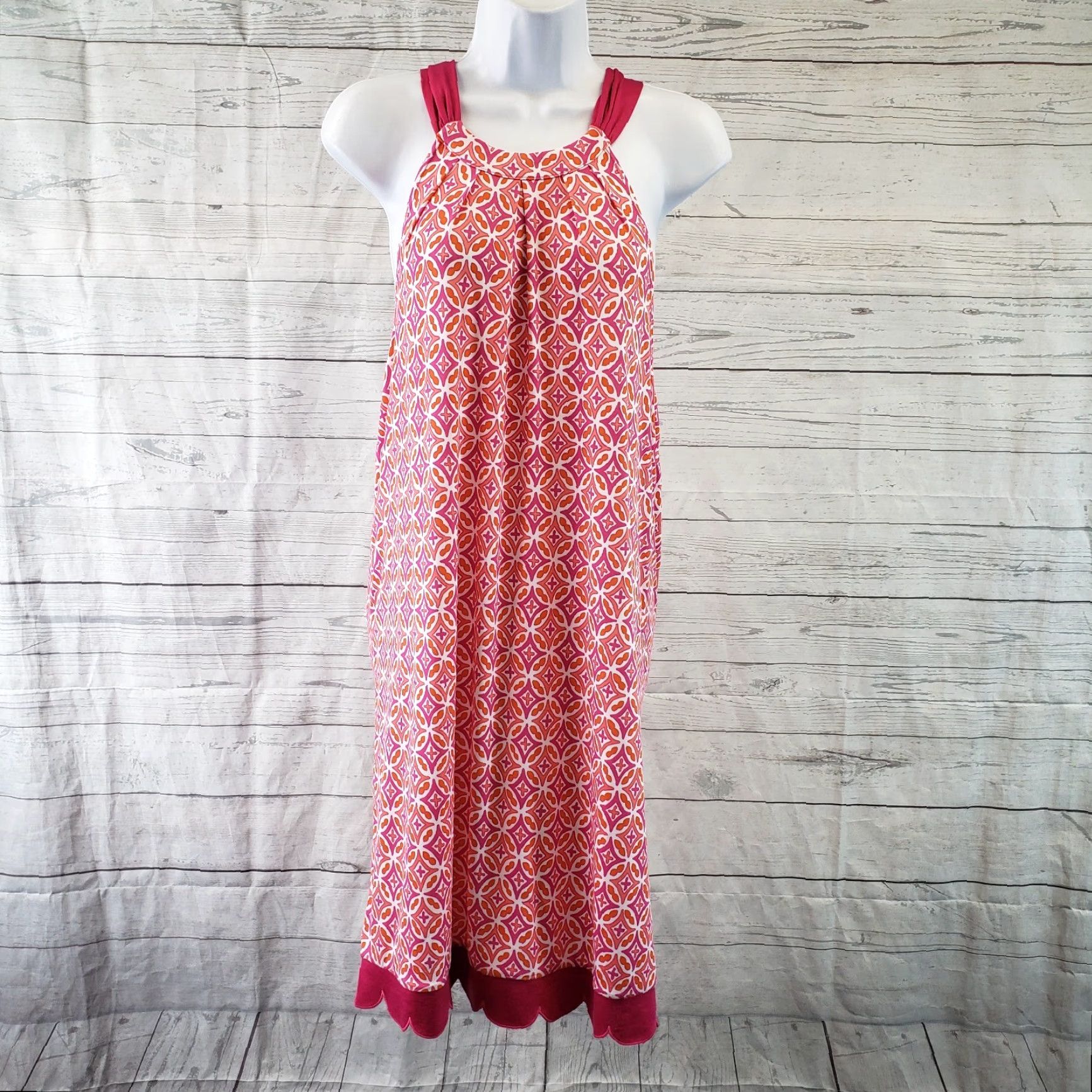 Vintage Mud Pie Womens Dress Sz Medium Pink Orange Printed Sleeveless Scallop Hem Shift Size M / US 6-8 / IT 42-44 - 2 Thumbnail