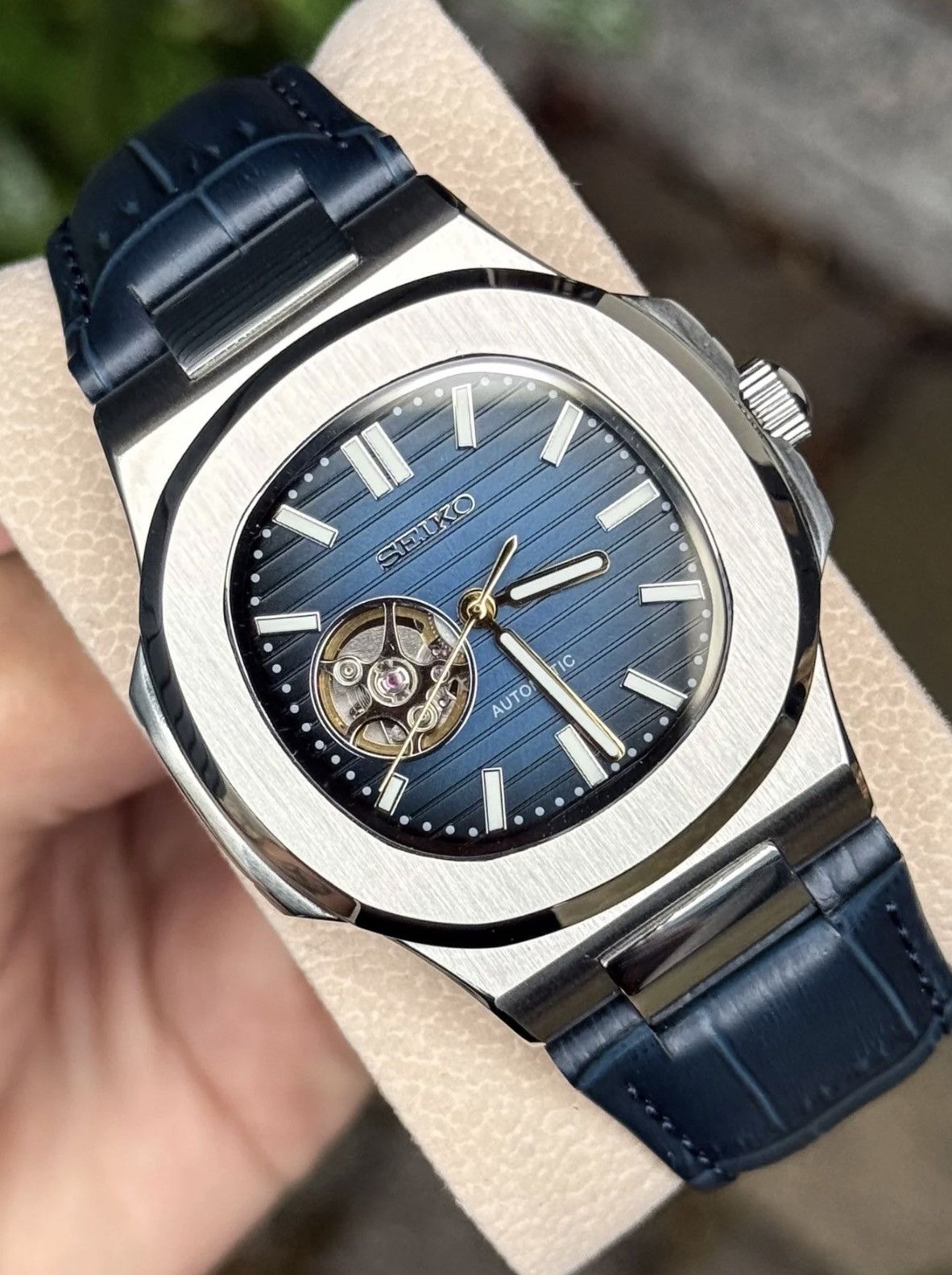 Japanese Brand Seiko Mod Nautilus Navy Open Dial Steel Watch Leather 41mm Size ONE SIZE - 1 Thumbnail