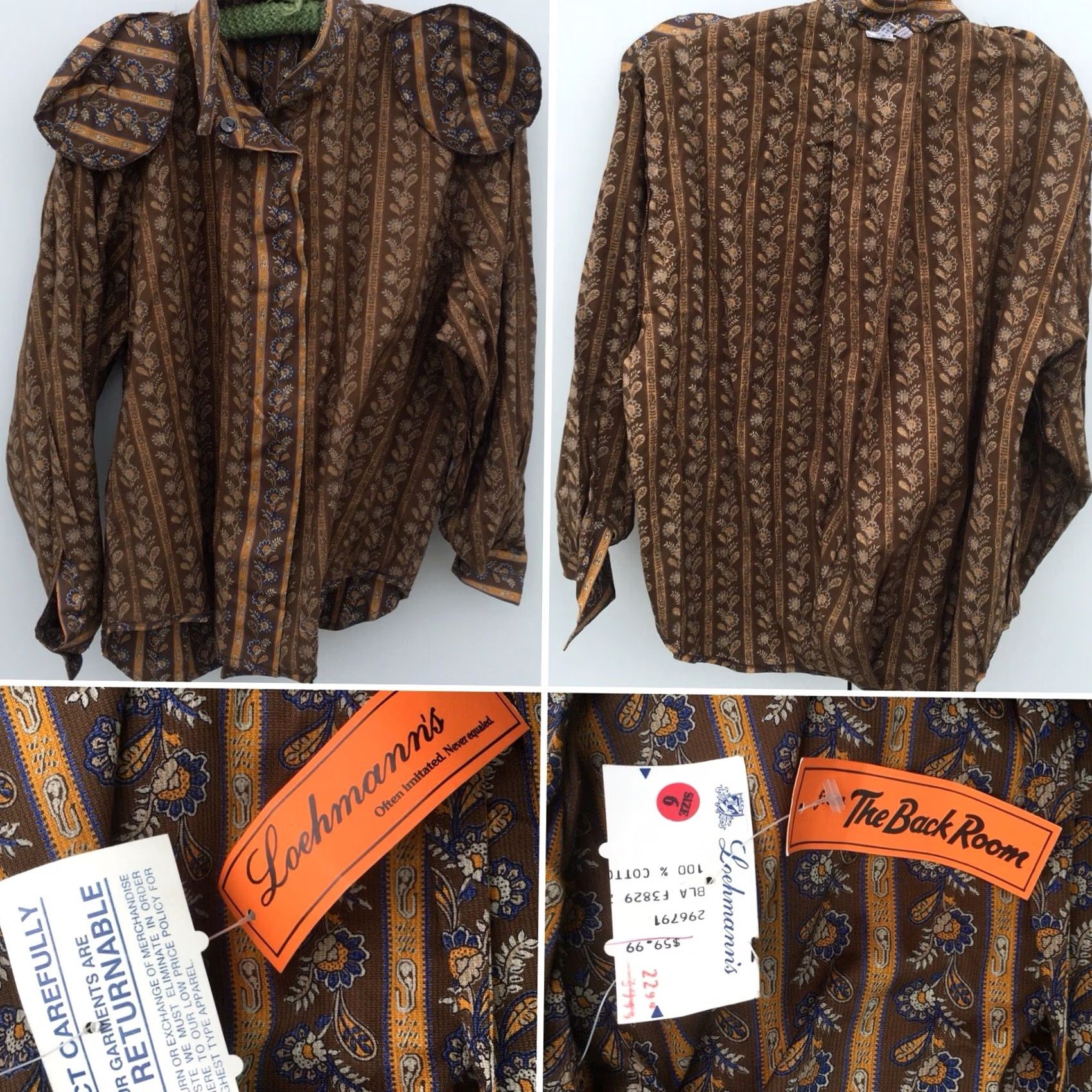 Vintage VINTAGE Made In Italy Blouse 100% Cotton Brown Paisley Abalone Buttons 1980s The Back Room NOS Sz 6 Womens Size M / US 6-8 / IT 42-44 - 7 Thumbnail