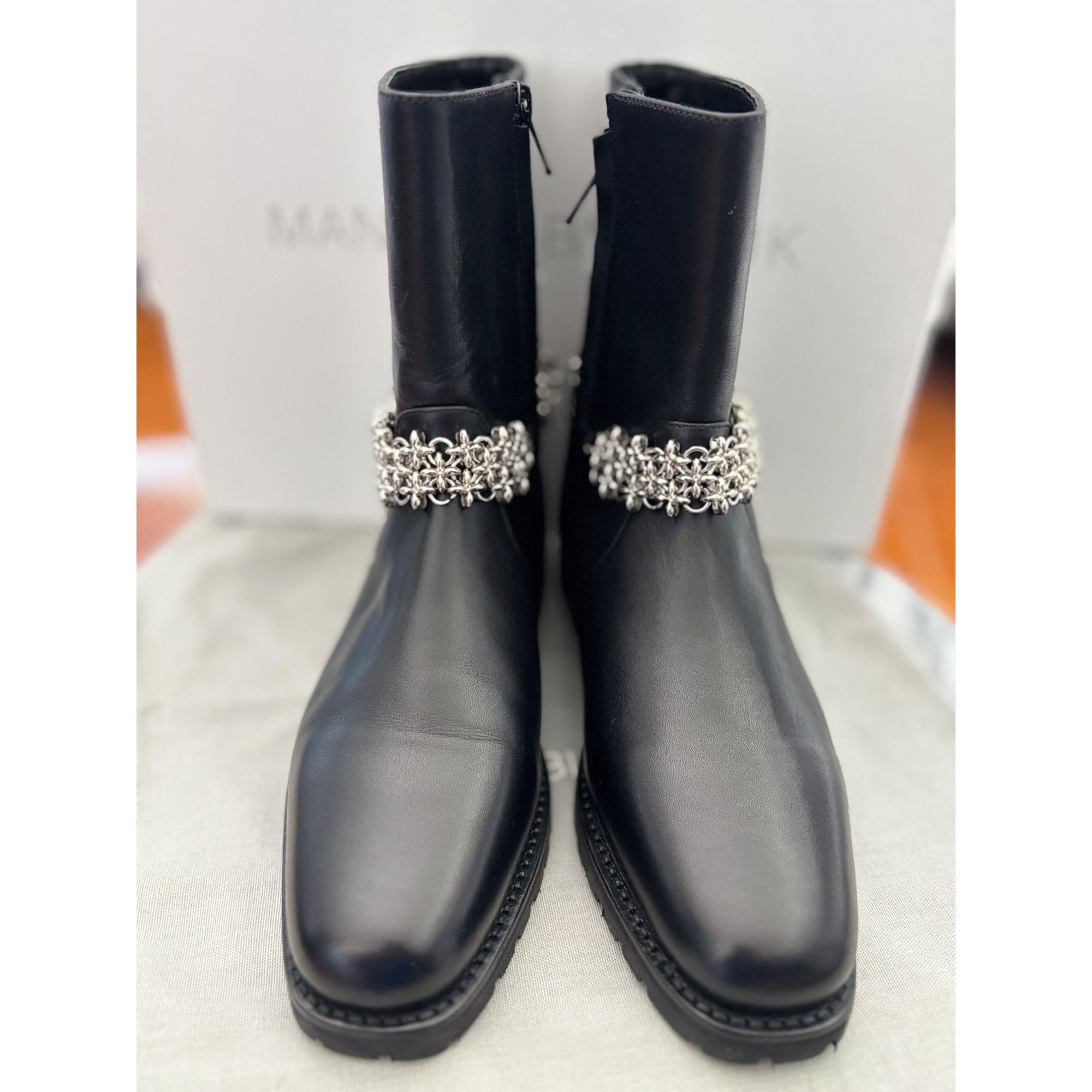 Manolo Blahnik Manolo Blahnik Black Leather Ankle Boots With Silver Chain E Size US 7.5 / IT 37.5 - 17 Thumbnail