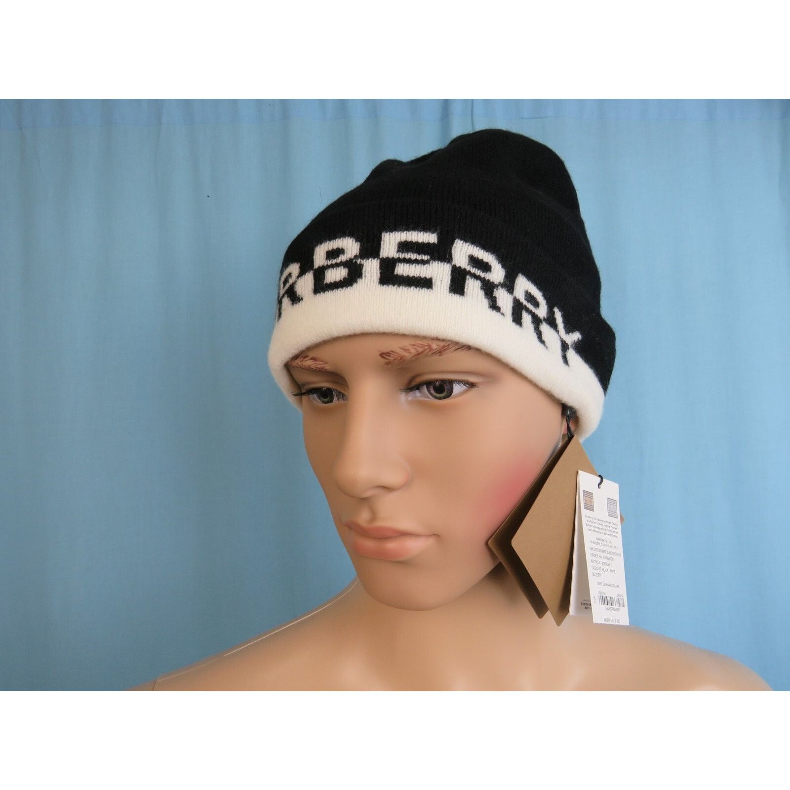 Burberry NEW BURBERRY CORE BLACK WHITE CASHMERE LOGO HAT ONE SIZE Size ONE SIZE - 4 Thumbnail