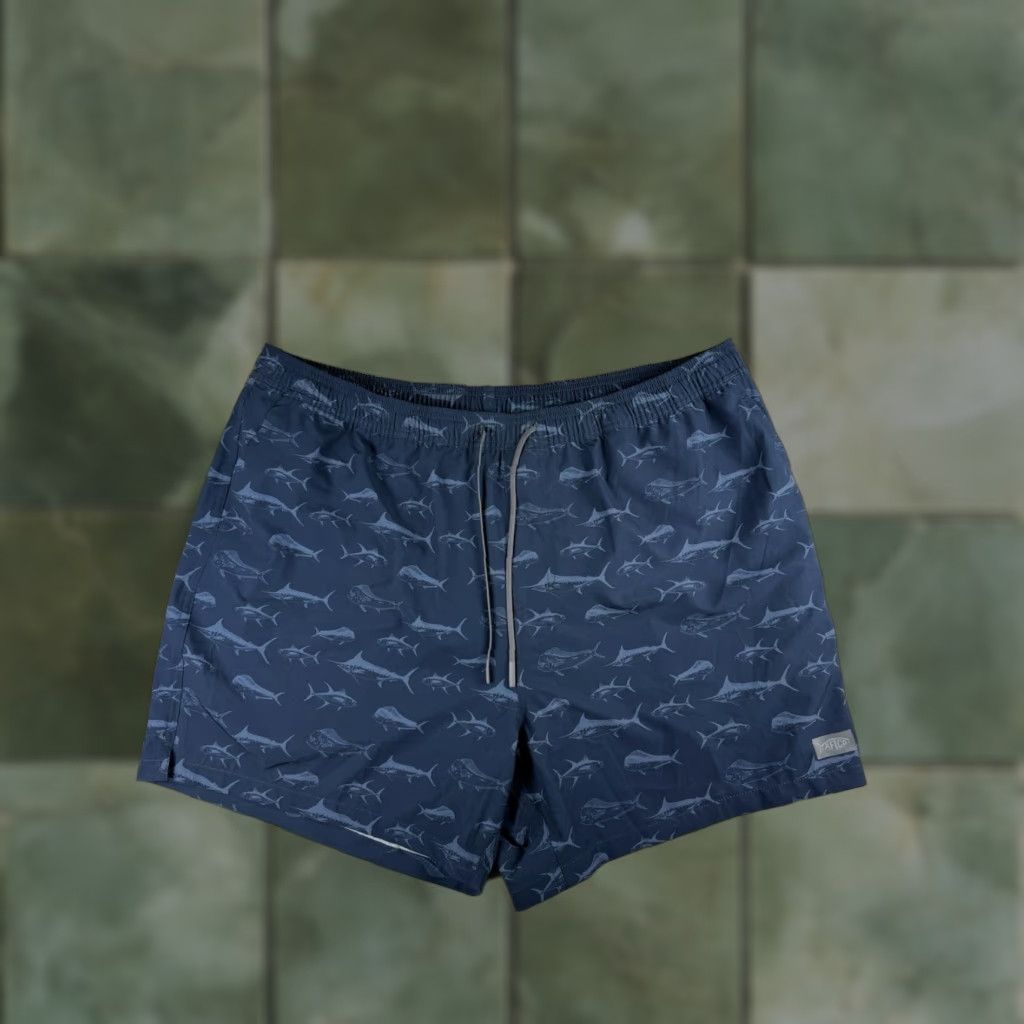 Swims AFTCO Swim Shorts Men’s 2XL Navy 5.5” Inseam Fisherman Shark Animal Print Beach Surfing Pockets Drawstring Lined Polyester Bottom Men Size US 39 - 1 Thumbnail