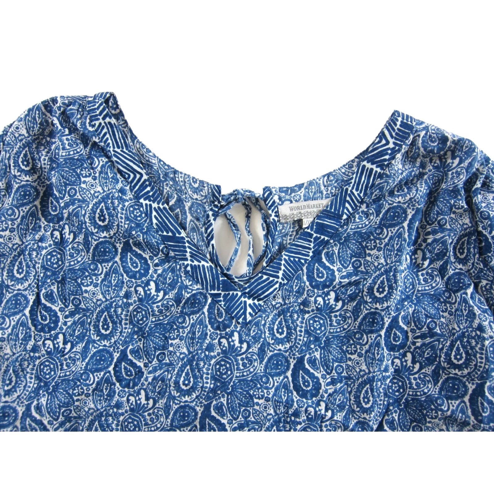 Vintage World Market Blouse 3/4 Sleeve Floral 100% Cotton Lightweight L/XL Blue Women Size L / US 10 / IT 46 - 4 Thumbnail