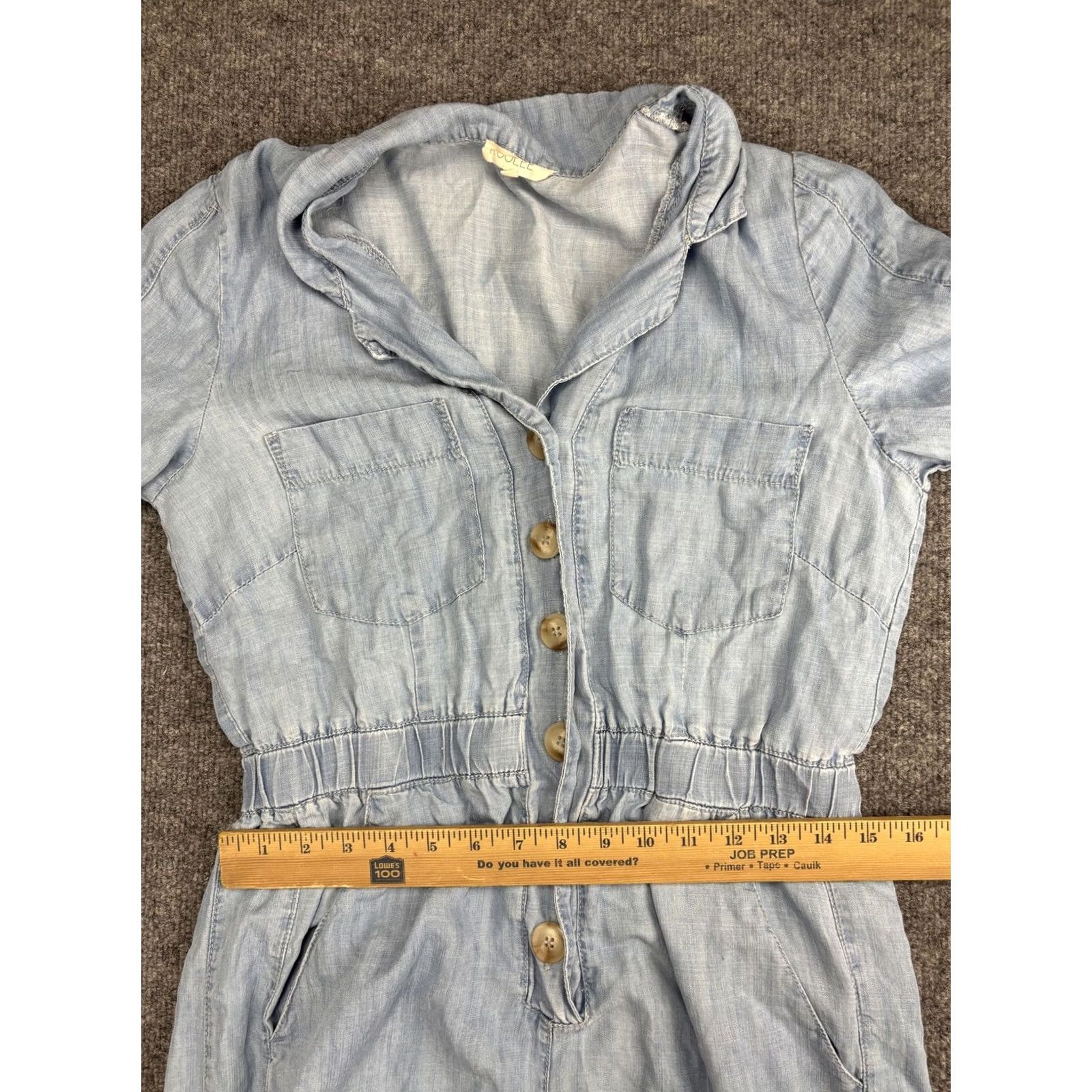 Vintage ROOLEE Jumpsuit Womens Medium Blue Chambray Button Front Short Sleeve Pockets Size 32" / US 10 / IT 46 - 4 Thumbnail