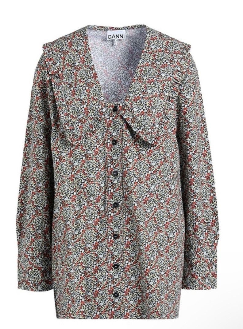 Ganni GANNI Printed Cotton Poplin V-neck Frill Collar Wide Shirt Size S / US 4 / IT 40 - 2 Thumbnail