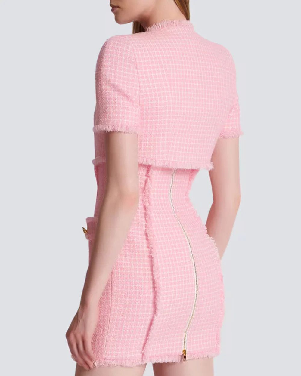 Balmain o1s1wg110125 Tweed Vichy Cropped Jacket in Pink Size XS / US 0-2 / IT 36-38 - 3 Thumbnail