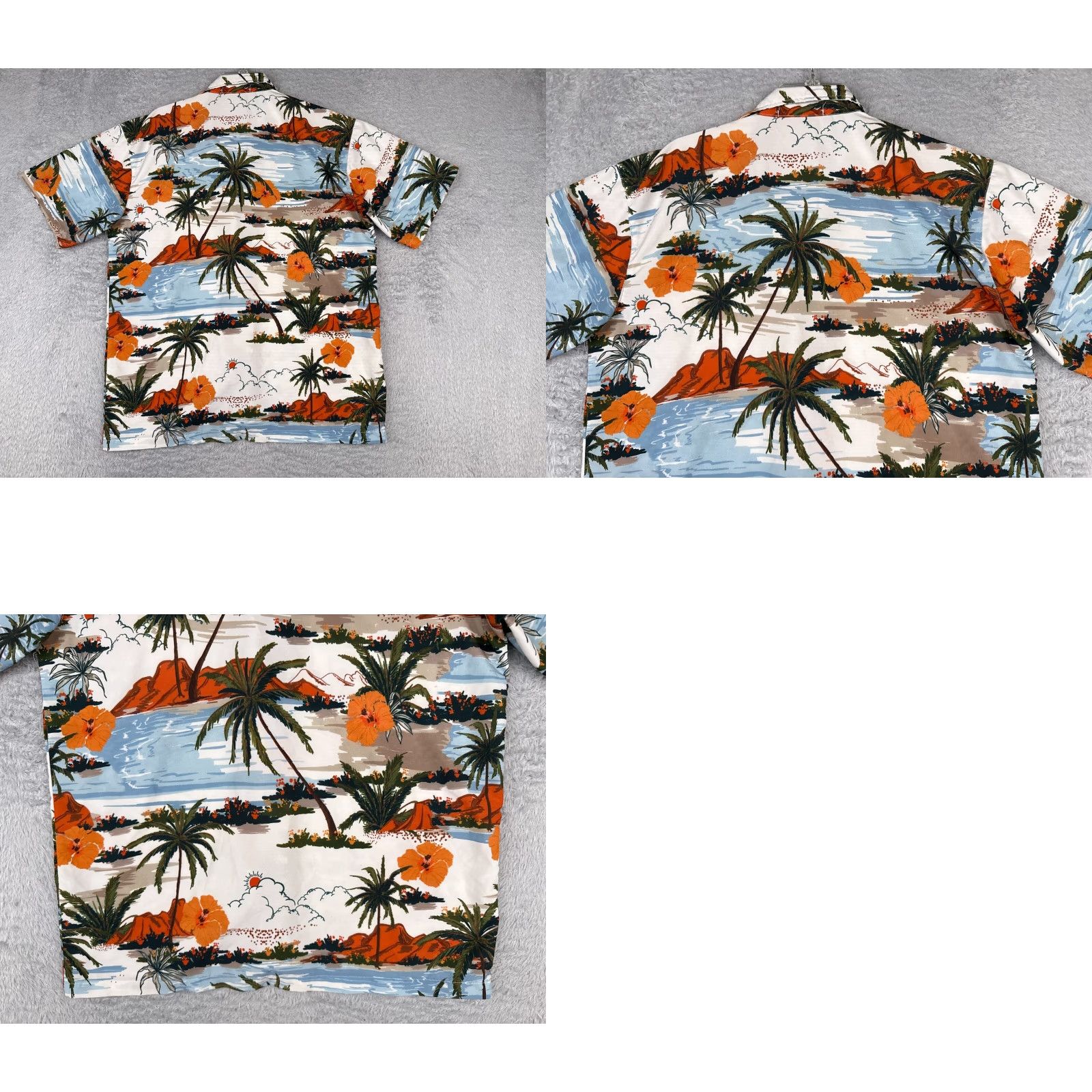 Vintage Palm Island Button-Up Hawaiian Shirt Adult Large Blue White Orange Palm Tree Beach Scene Aloha Luau Vacation Floral Short Sleeve Shirt Mens Regular Size US L / EU 52-54 / 3 - 9 Thumbnail